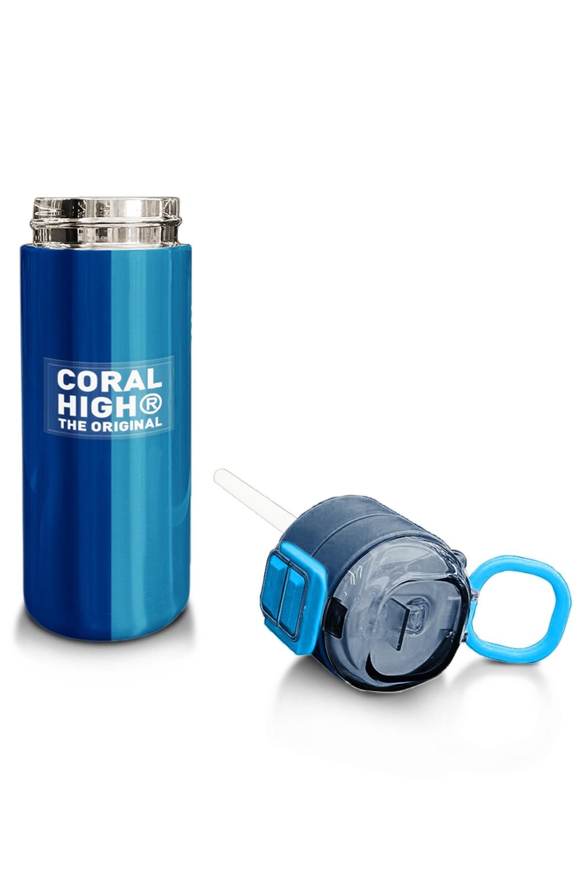 Coral High Kids Lacivert Mavi Çizgili Pipetli ve Direkt İçim Çelik Termos 500 ml 31997