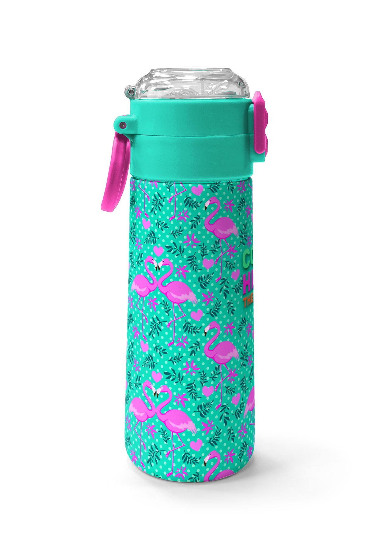 Coral High Kids Su Yeşili Pembe Flamingo Desenli Pipetli ve Direkt İçim Çelik Termos 500 ml 31926