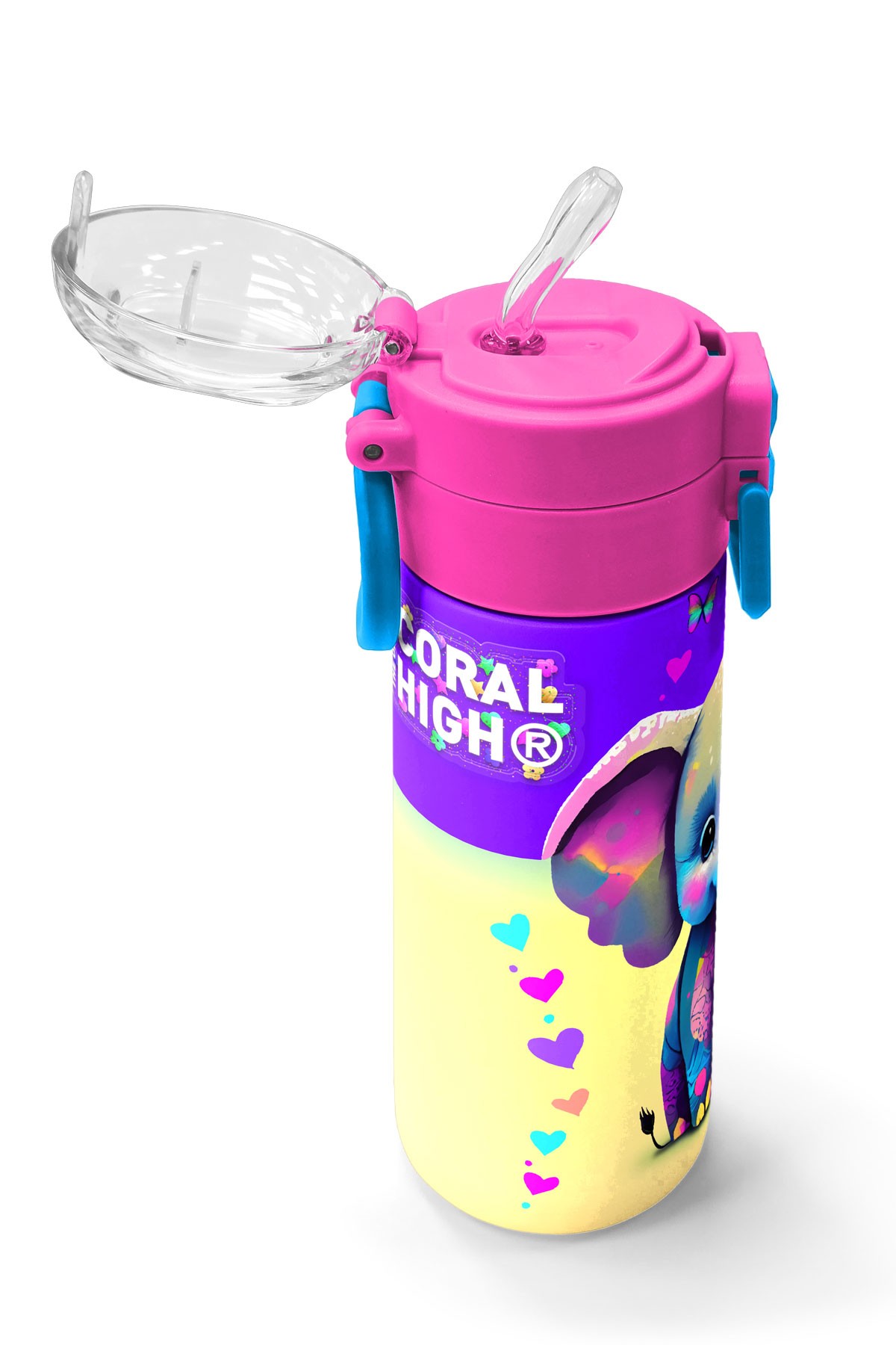 Coral High Kids Pembe Turkuaz Fil Desenli Pipetli ve Direkt İçim Çelik Termos 500 ml 31814