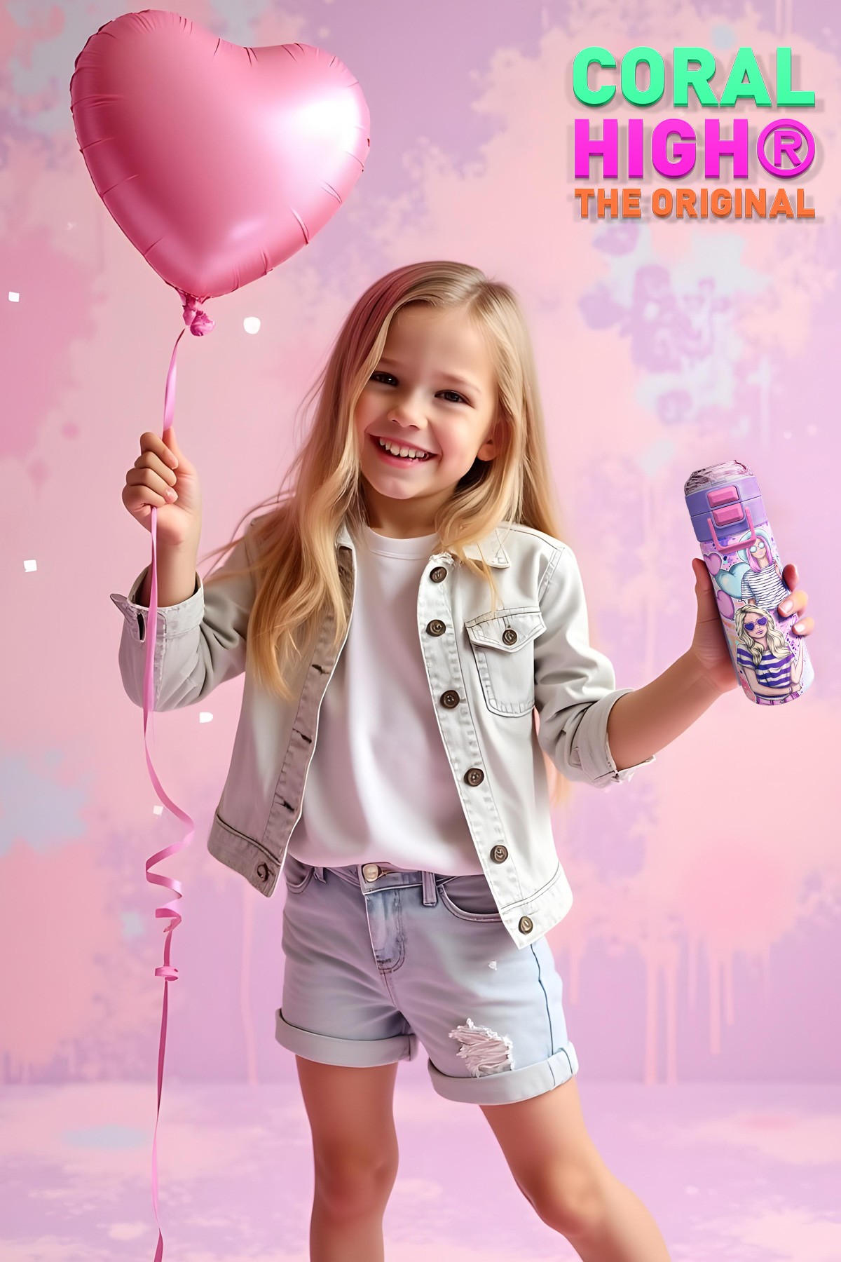 Coral High Kids Pembe Mor Fashion Girl Desenli Pipetli ve Direkt İçim Çelik Termos 500 ml 31956