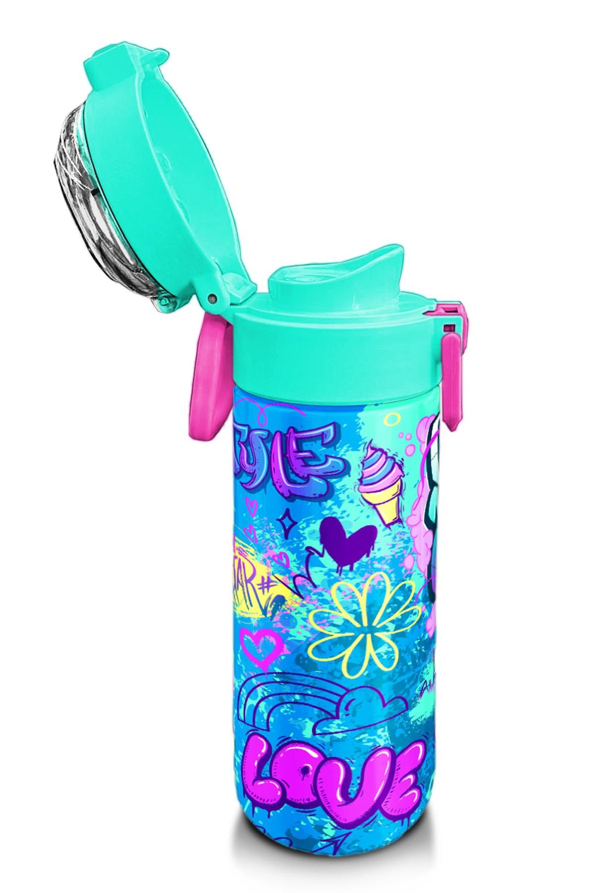 Coral High Kids Lavanta Su Yeşili Grafiti Desenli Pipetli ve Direkt İçim Çelik Termos 500 ml 31971
