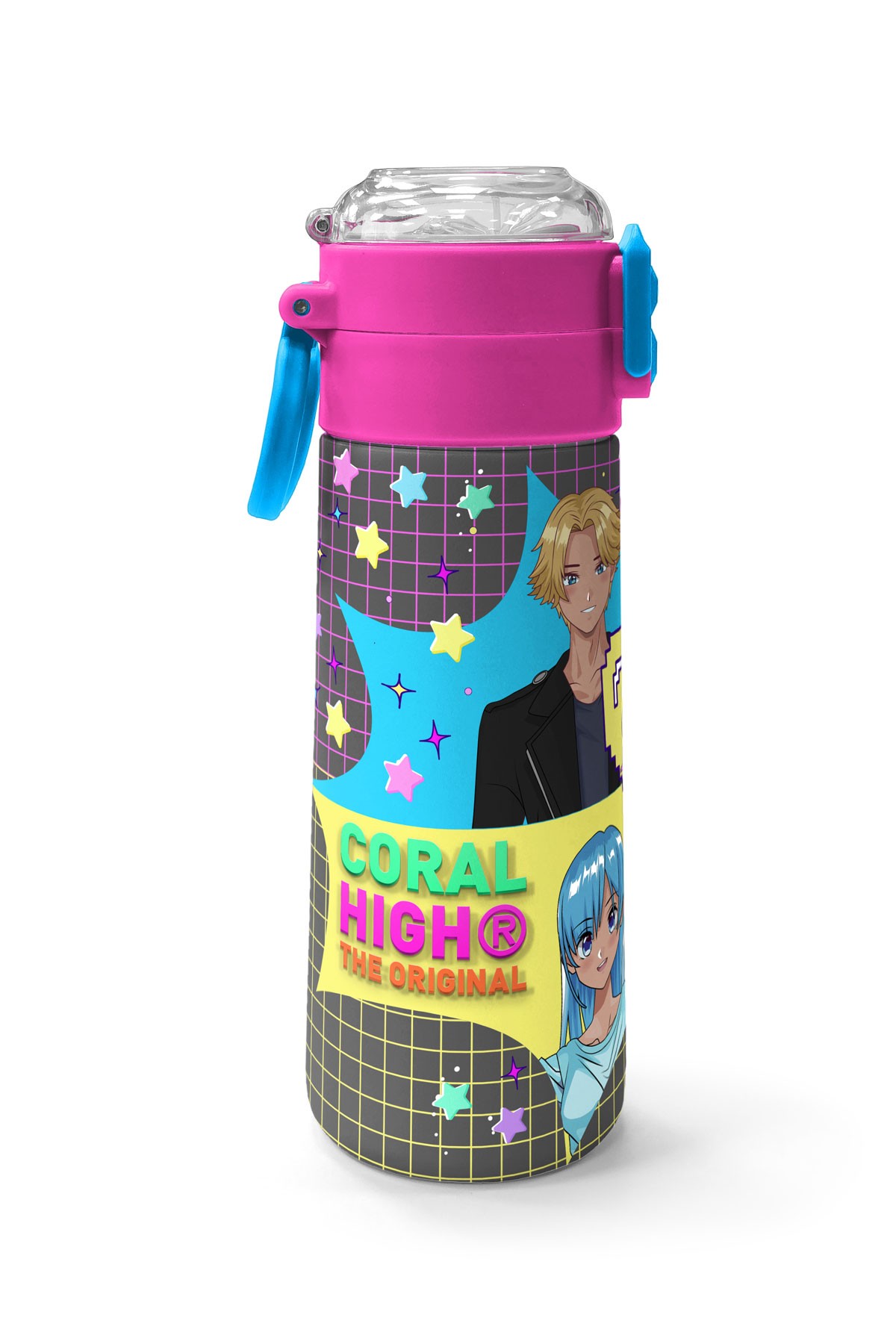 Coral High Kids Gri Mavi Pembe Anime Desenli Pipetli ve Direkt İçim Çelik Termos 500 ml 31943