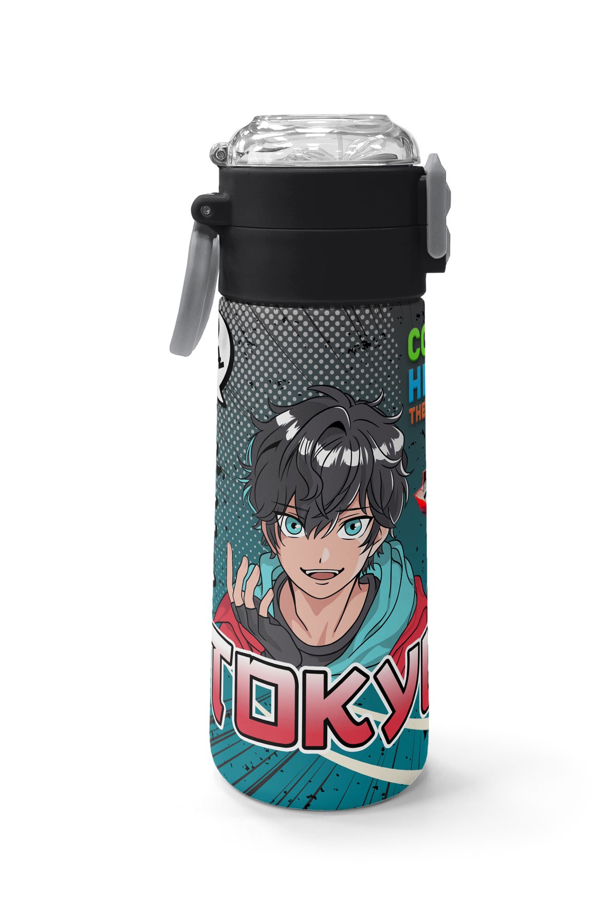 Coral High Kids Gri Nefti Anime Motorsiklet Desenli Pipetli ve Direkt İçim Çelik Termos 500 ml 31965