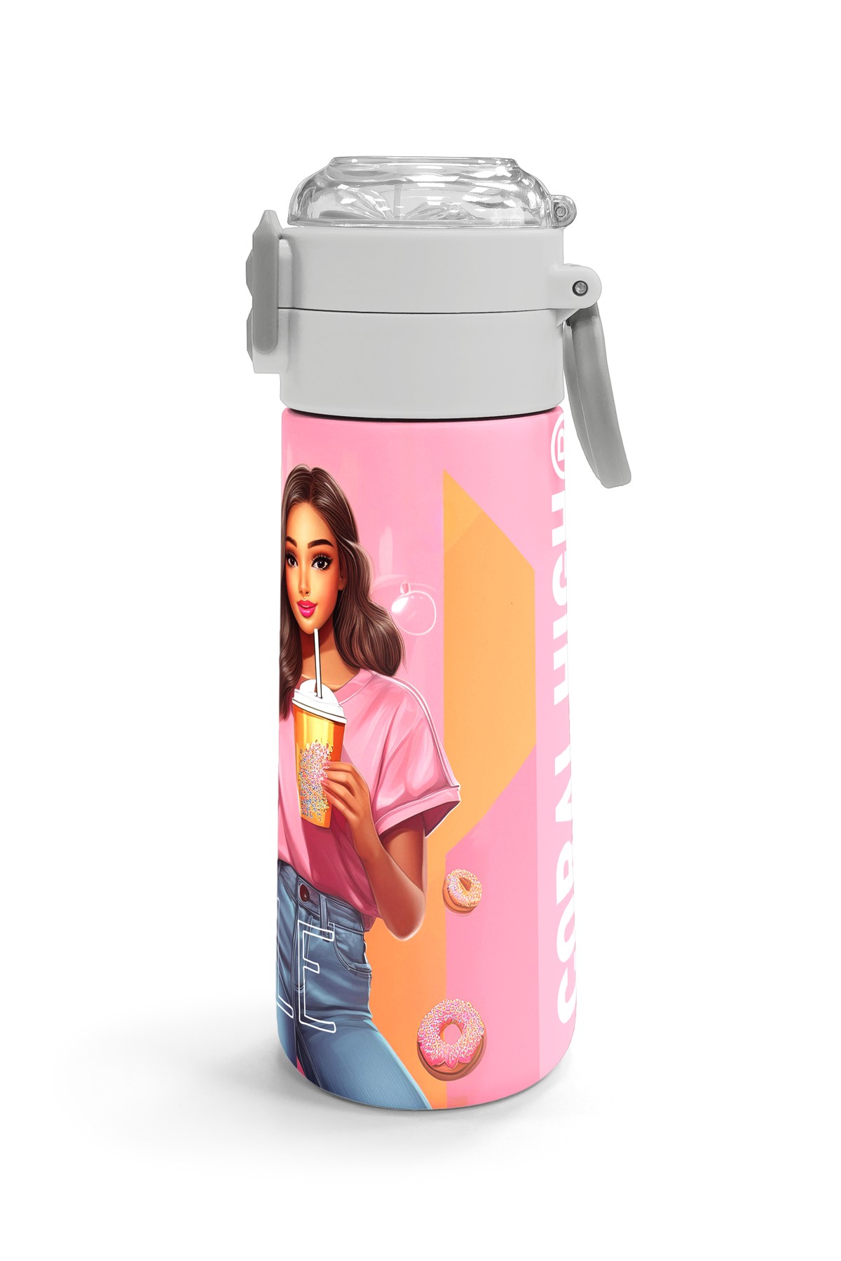 Coral High Kids Pembe Mercan Fashion Girl Desenli Pipetli ve Direkt İçim Çelik Termos 500 ml 31869