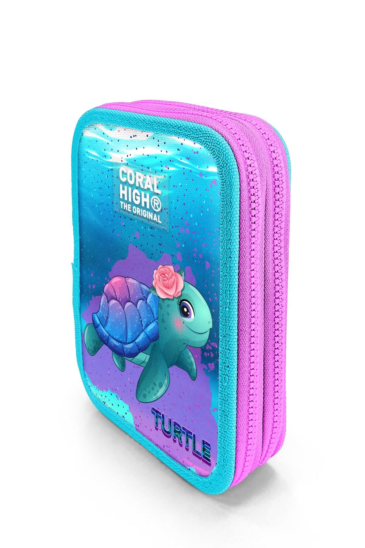 Coral High Kids Açık Pembe Mavi Kaplumbağa Desenli Çift Katlı Kalem Çanta 11134