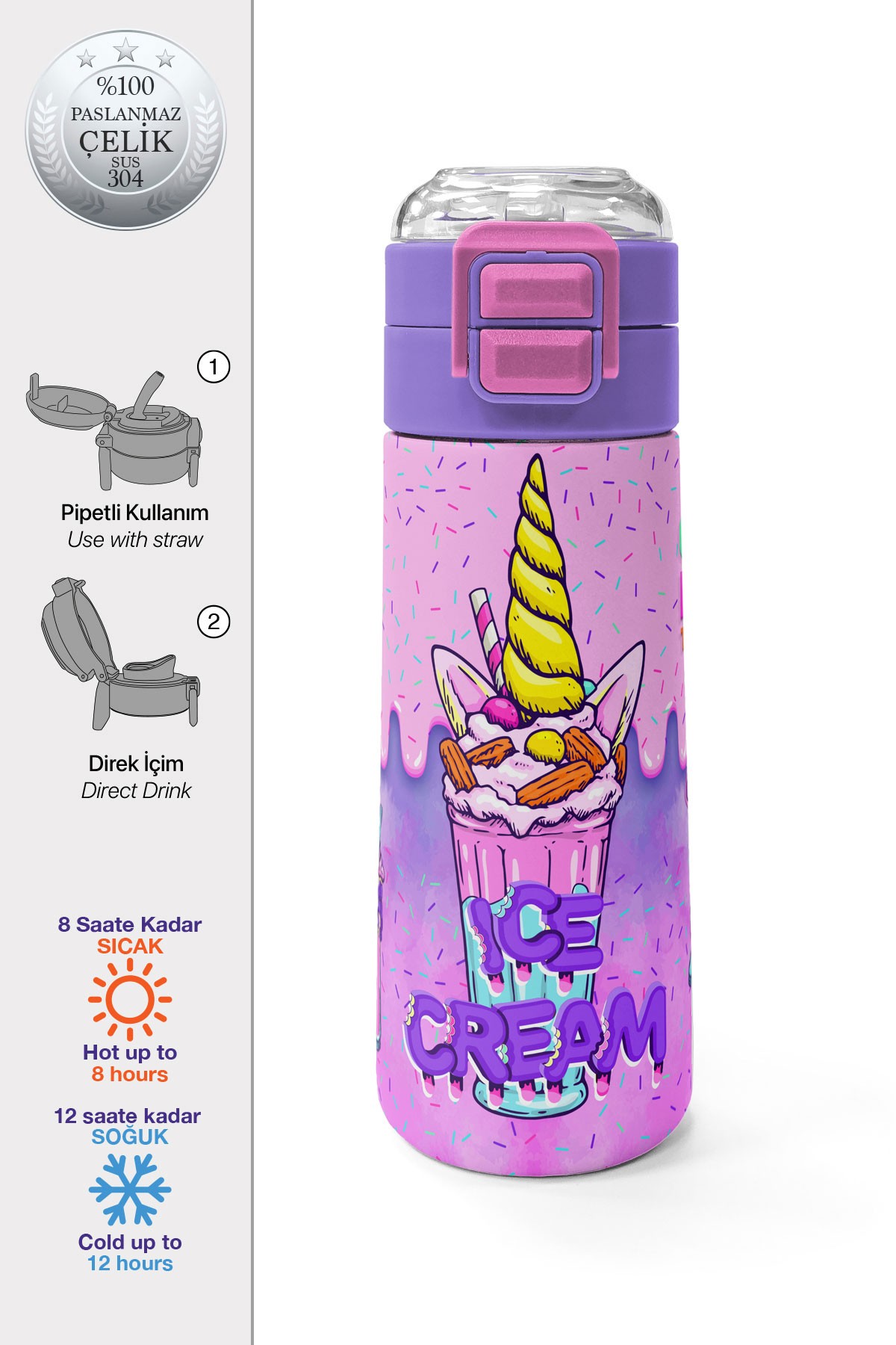 Coral High Kids Pembe Mor Milkshake Dondurma Desenli Pipetli ve Direkt İçim Çelik Termos 500 ml 31950