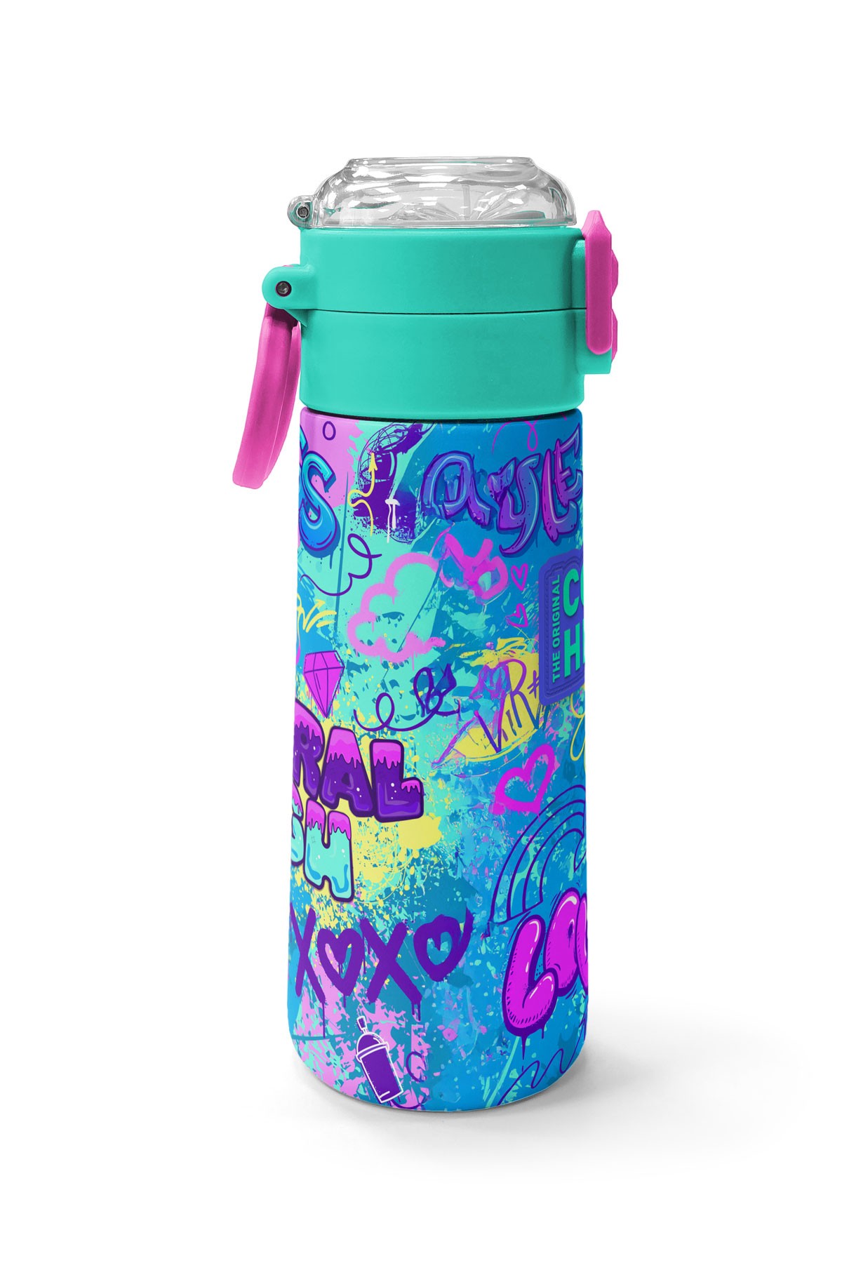 Coral High Kids Lavanta Su Yeşili Grafiti Desenli Pipetli ve Direkt İçim Çelik Termos 500 ml 31971
