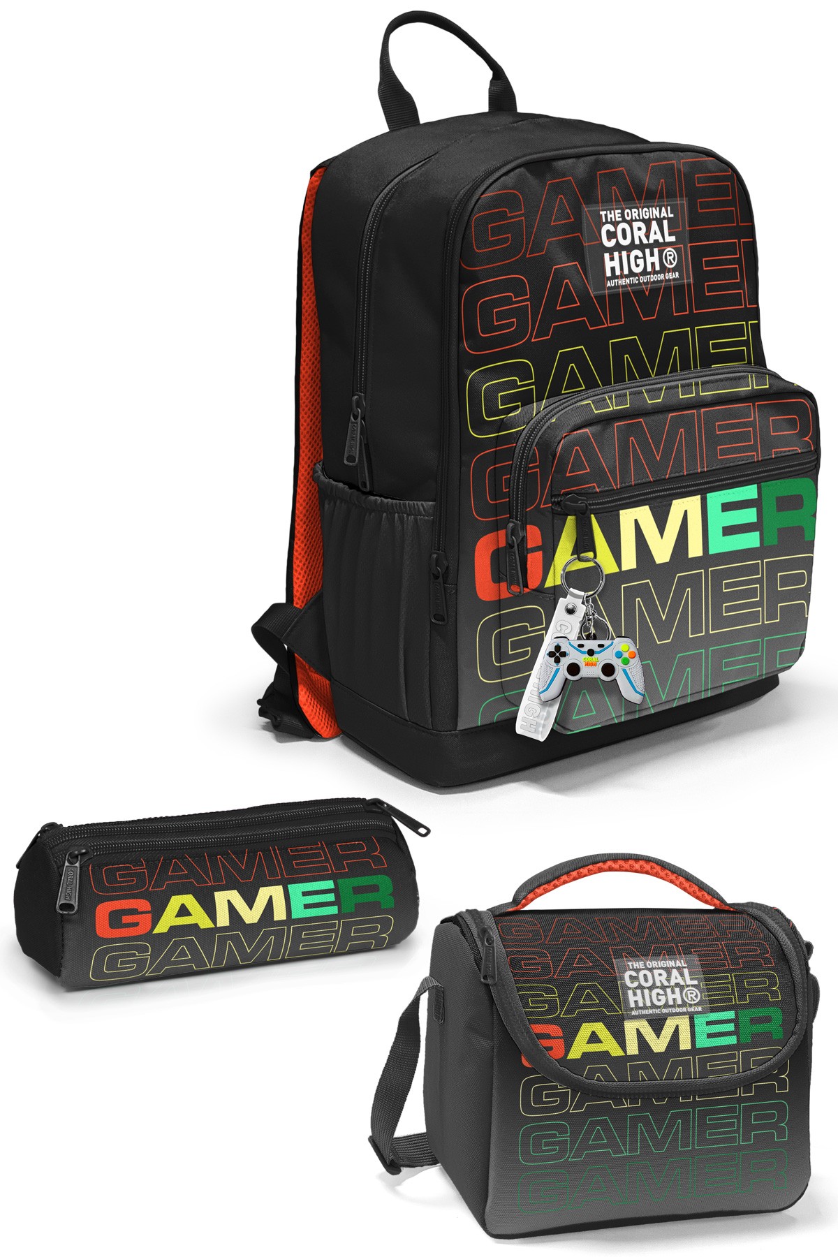 Coral High Siyah Gri Gamer Desenli 3’lü Okul Çanta Seti SET0123640