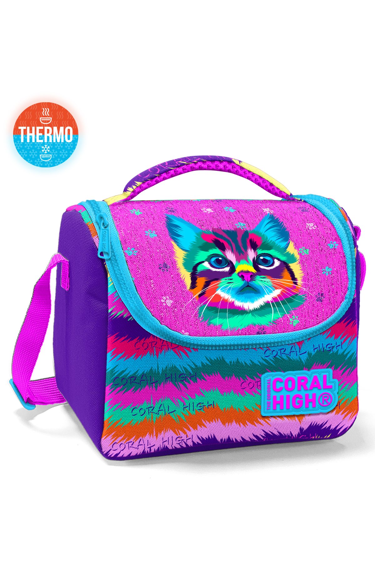 Coral High Kids Mor Pembe Kedi Desenli Thermo Beslenme Çantası 11859