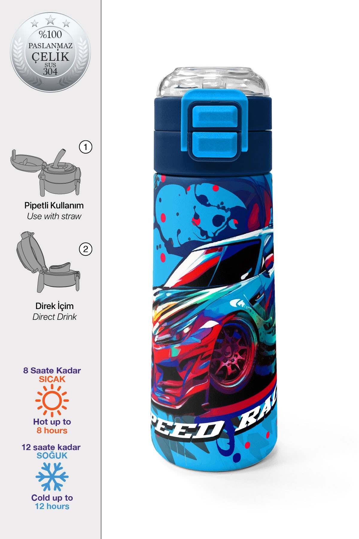 Coral High Kids Gri Mavi Yarış Arabası Desenli Pipetli ve Direkt İçim Çelik Termos 500 ml 31815