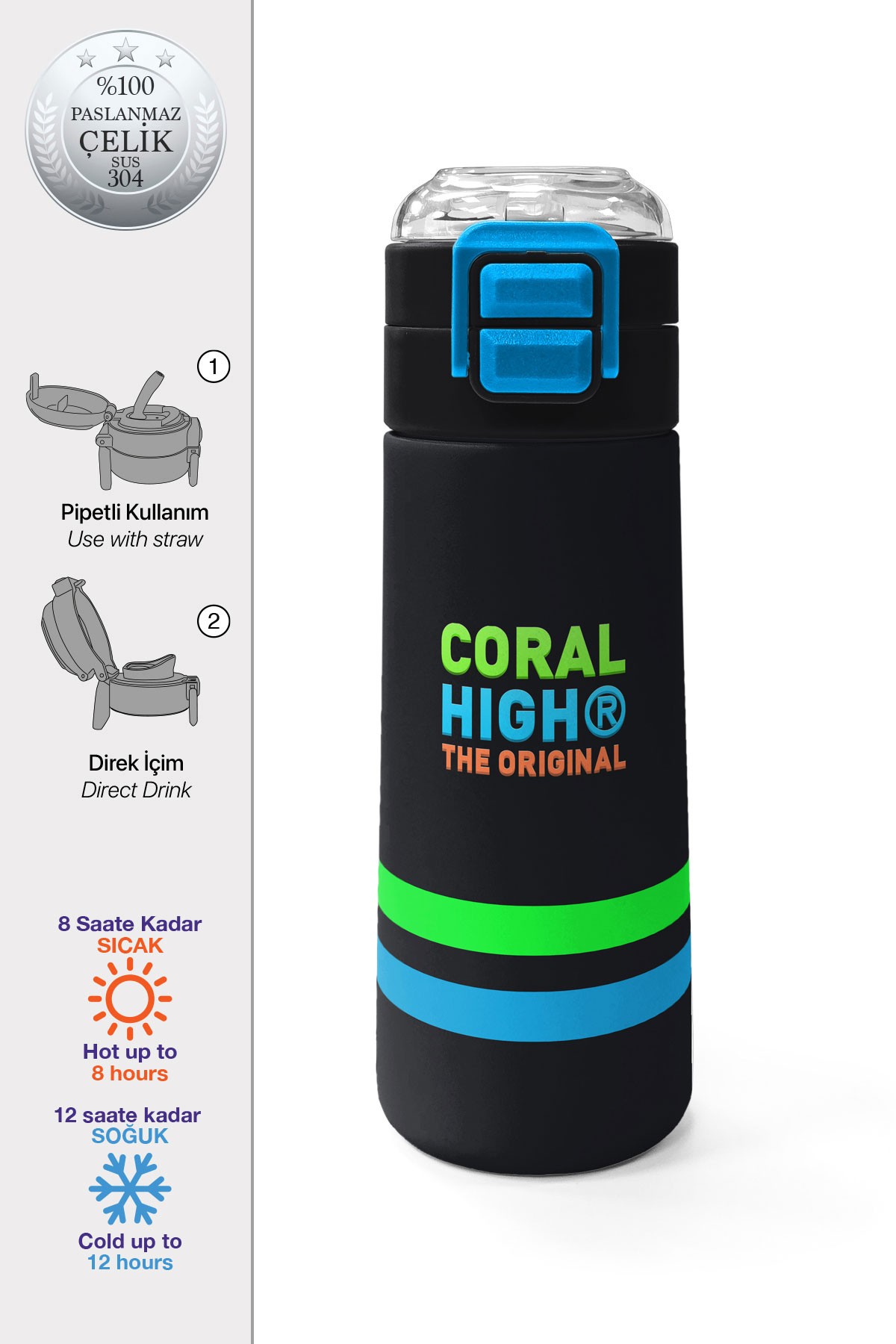 Coral High Kids Siyah Pipetli ve Direkt İçim Çelik Termos 500 ml 31929