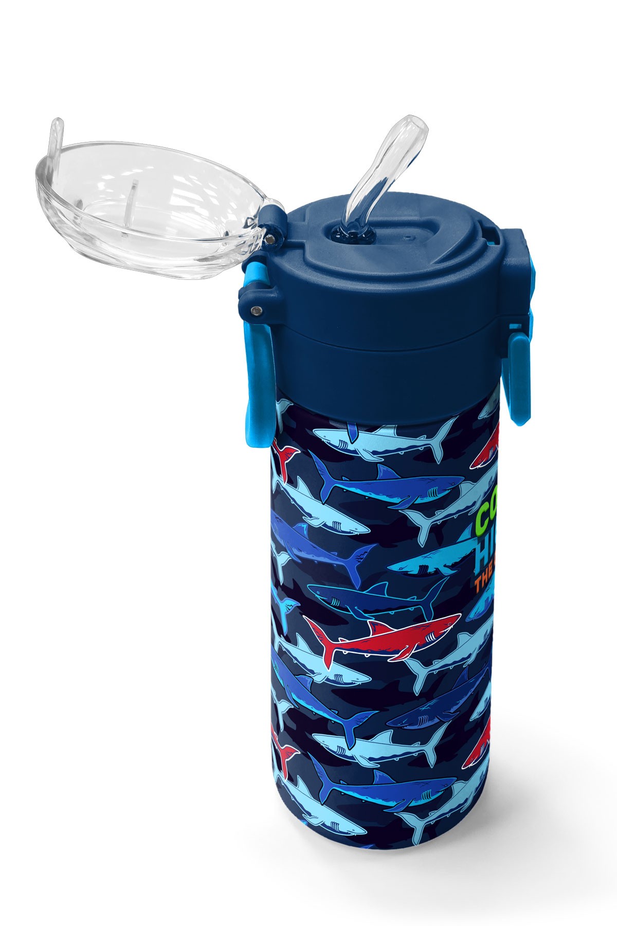 Coral High Kids Lacivert Kırmızı Köpek Balığı Desenli Pipetli ve Direkt İçim Çelik Termos 500 ml 31930