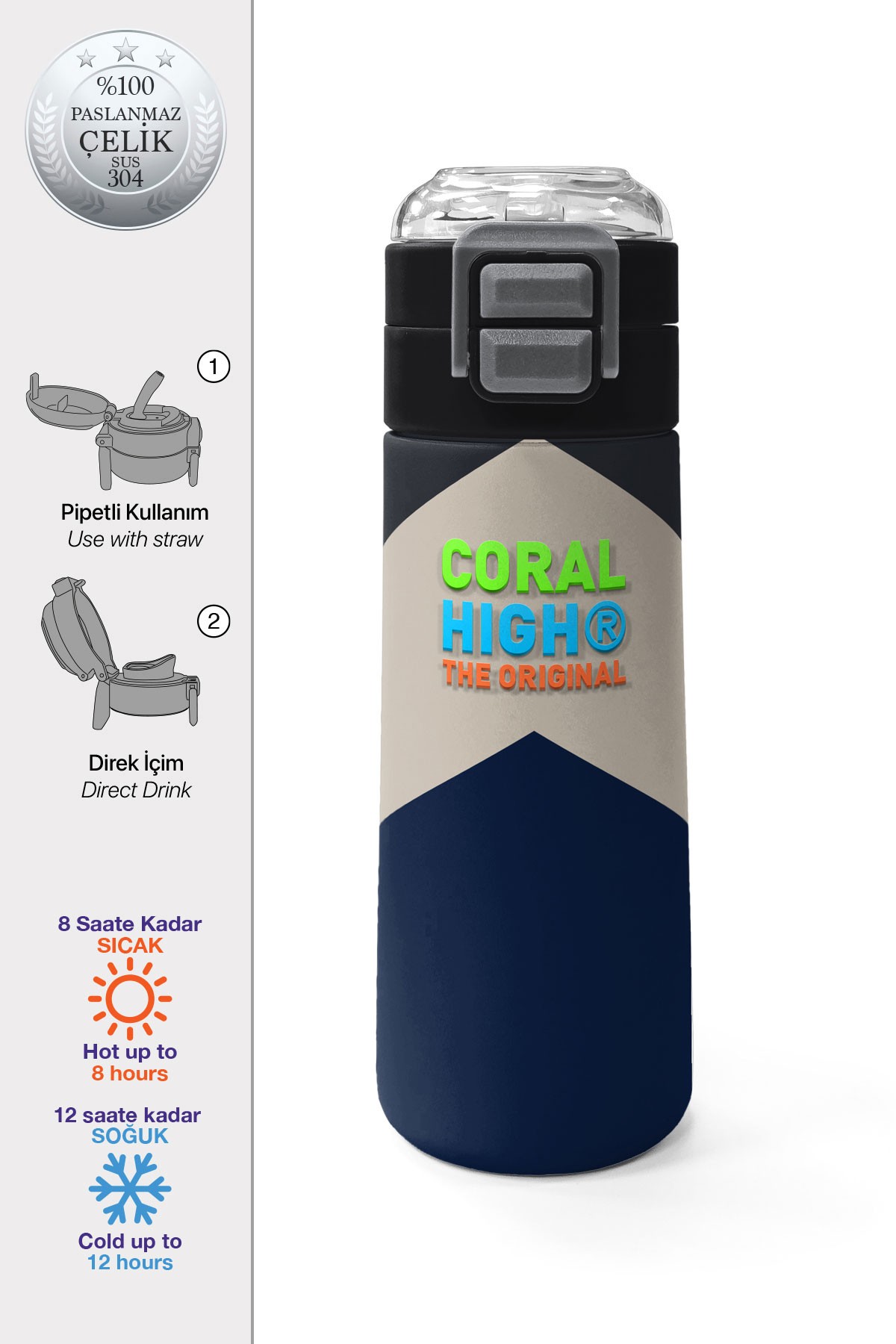 Coral High Kids Lacivert Koyu Gri Bej Desenli Pipetli ve Direkt İçim Çelik Termos 500 ml 31893