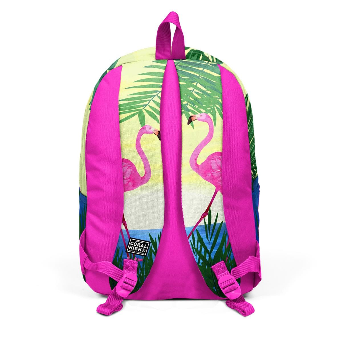 Coral High Pembe Flamingo Desenli Üç Bölmeli USB Şarjlı Kulaklık Çıkışlı Sırt Çantası 23424