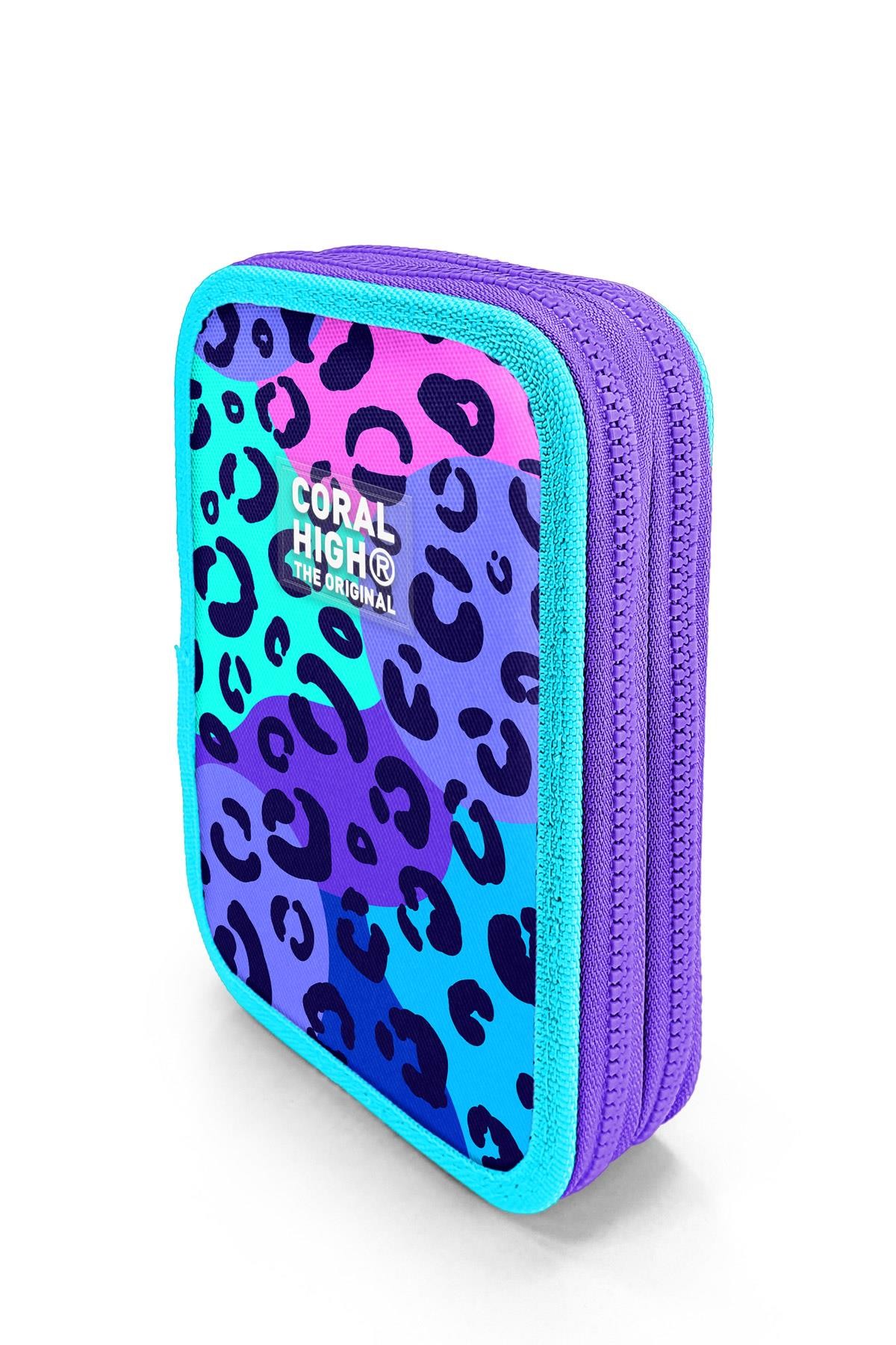 Coral High Mor Leopar Desenli Çift Katlı Kalem Çanta 11132
