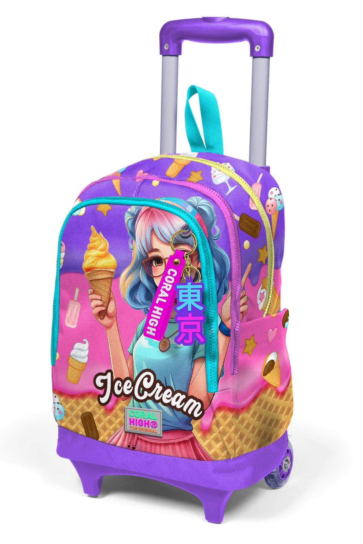 Coral High Kids Lila Turkuaz Dondurma ve Anime Desenli Üç Bölmeli Çekçekli Okul Sırt Çantası 23973