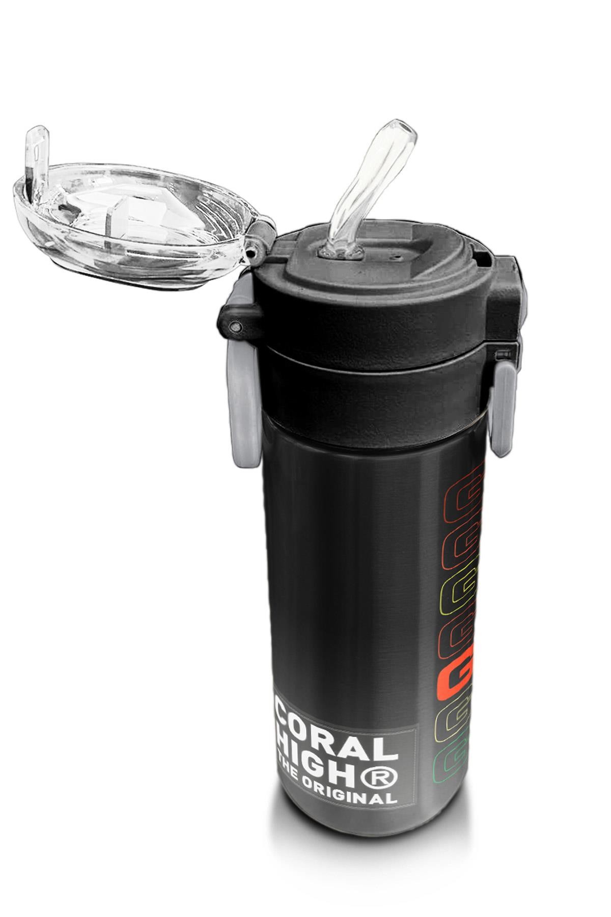 Coral High Kids Siyah Gri Gamer Desenli Pipetli ve Direkt İçim Çelik Termos 500 ml 31853