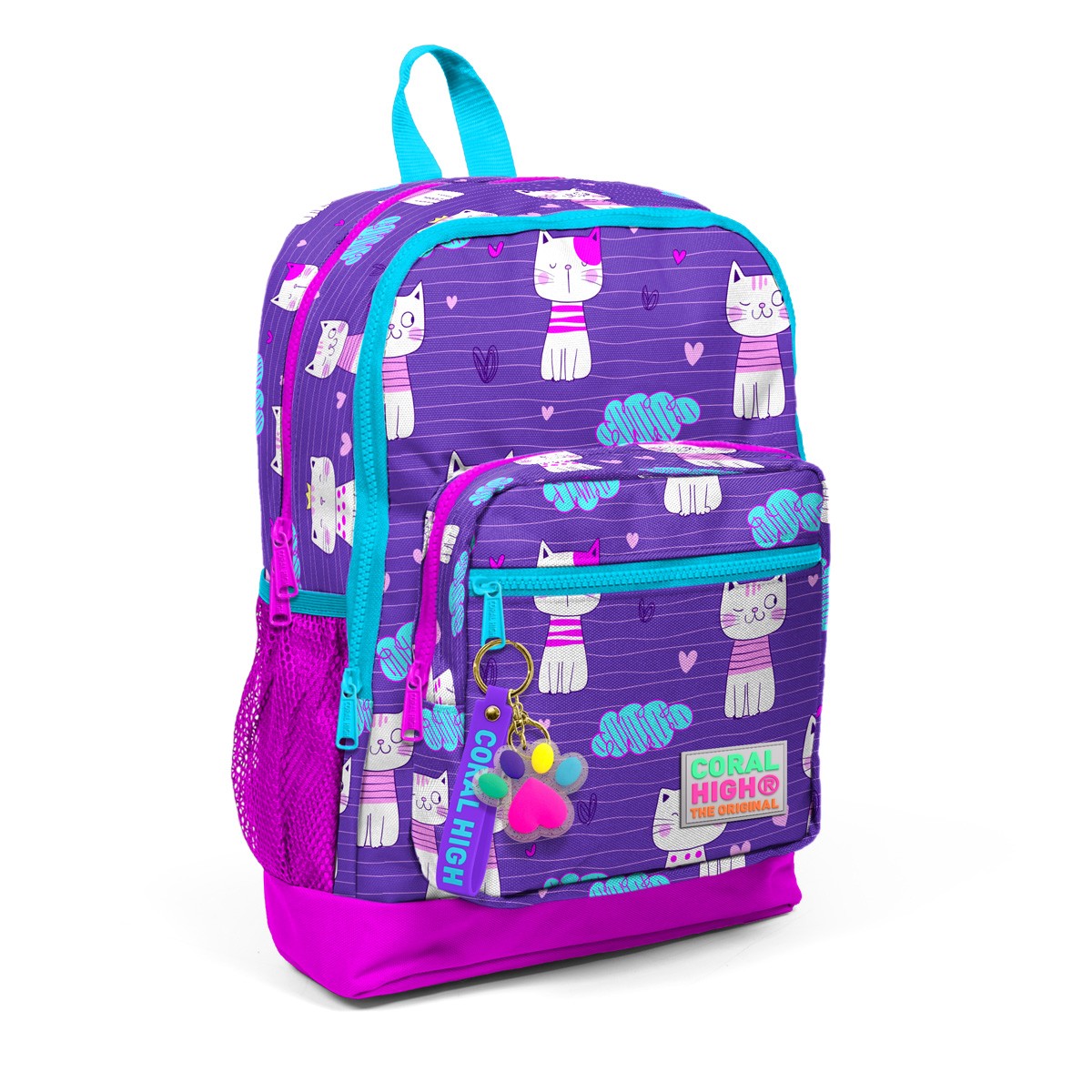 Coral High Kids Mor Pembe Kedi Desenli Dört Bölmeli USB'li Okul Sırt Çantası 23264