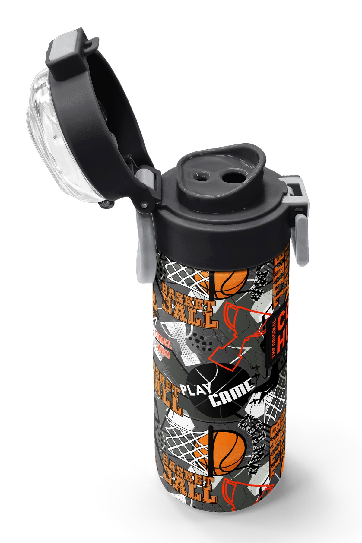 Coral High Kids Siyah Gri Basketbol Desenli Pipetli ve Direkt İçim Çelik Termos 500 ml 31975
