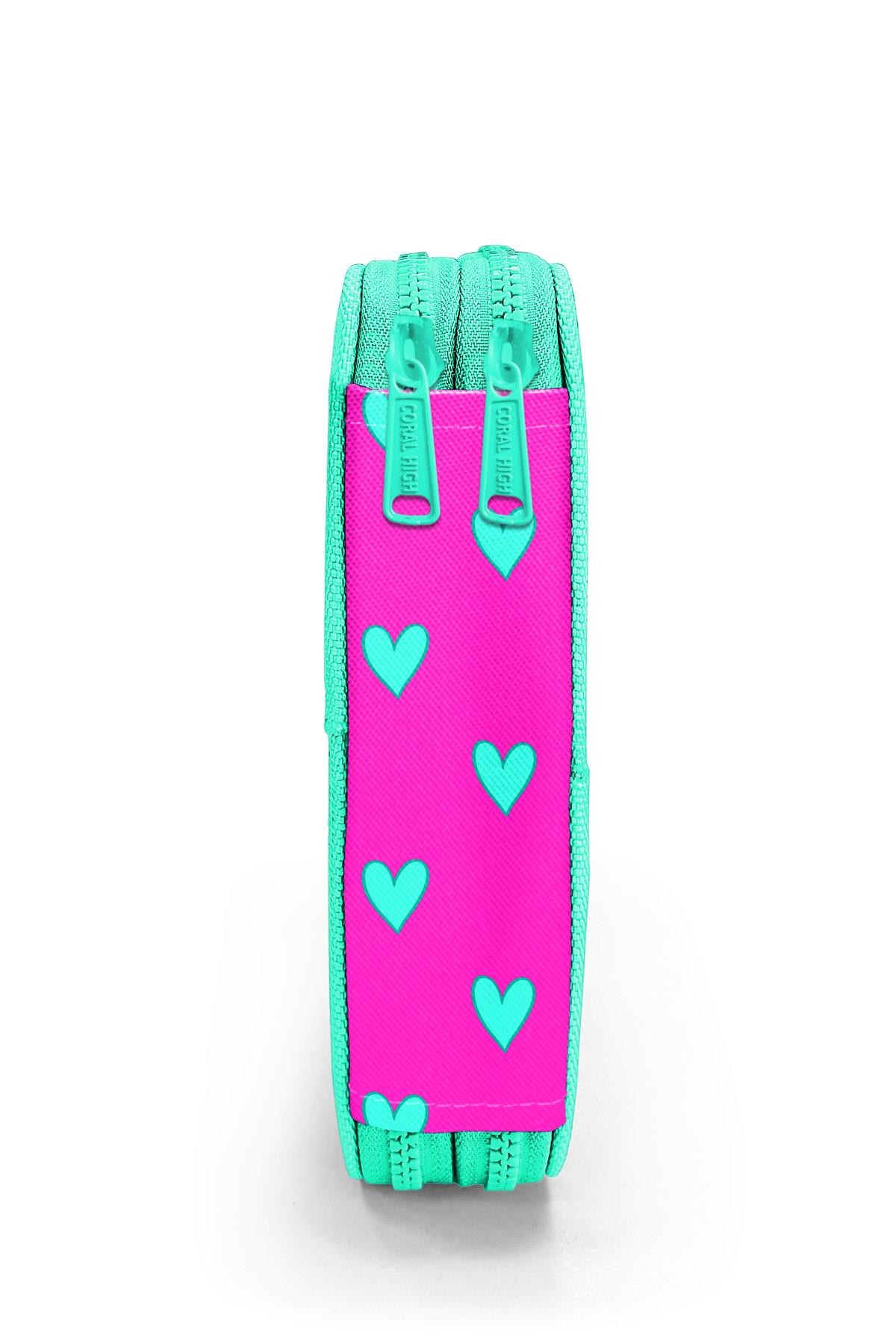 Coral High Kids Neon Pembe Su Yeşili Kalp Desenli Çift Katlı Kalem Çanta 11133