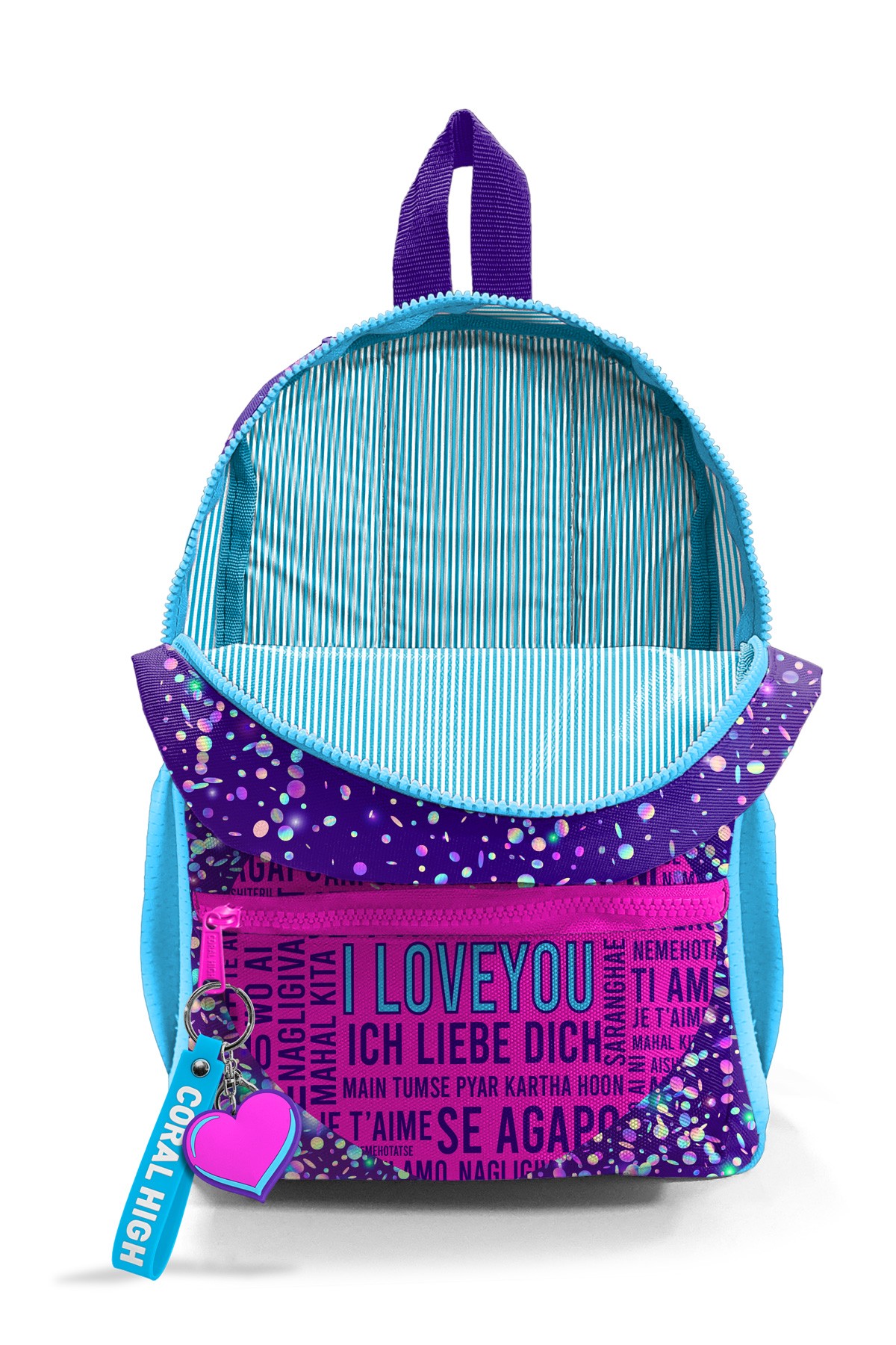 Minik Yuva Sırt Çantası Mor Mavi Pembe Kalp Desenli İki Bölmeli 23540