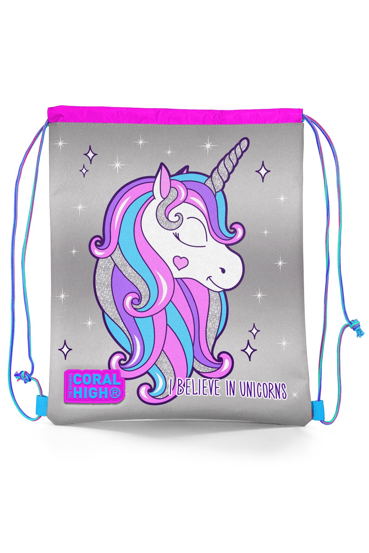 Coral High Kids Pembe Gümüş Simli Unicorn Desenli İpli Büzgülü Sırt Çantası 22482