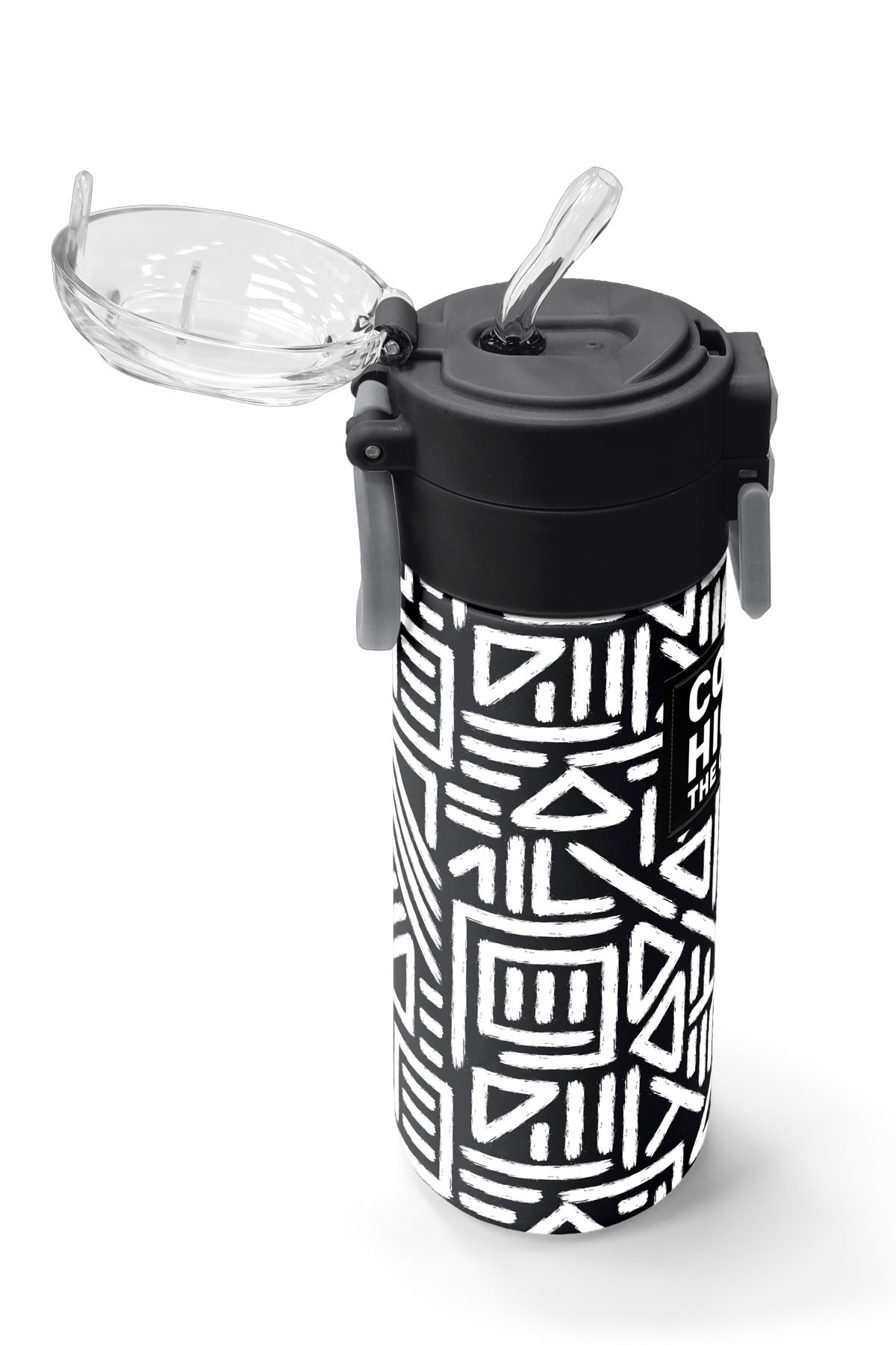 Coral High Kids Siyah Beyaz Geometrik Desenli Pipetli ve Direkt İçim Çelik Termos 500 ml 31882