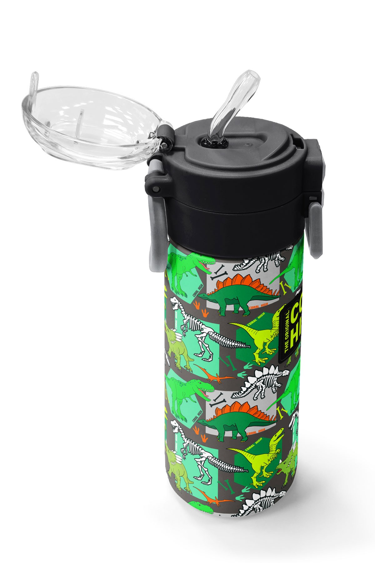 Coral High Kids Gri Yeşil Dinozor Desenli Pipetli ve Direkt İçim Çelik Termos 500 ml 31976