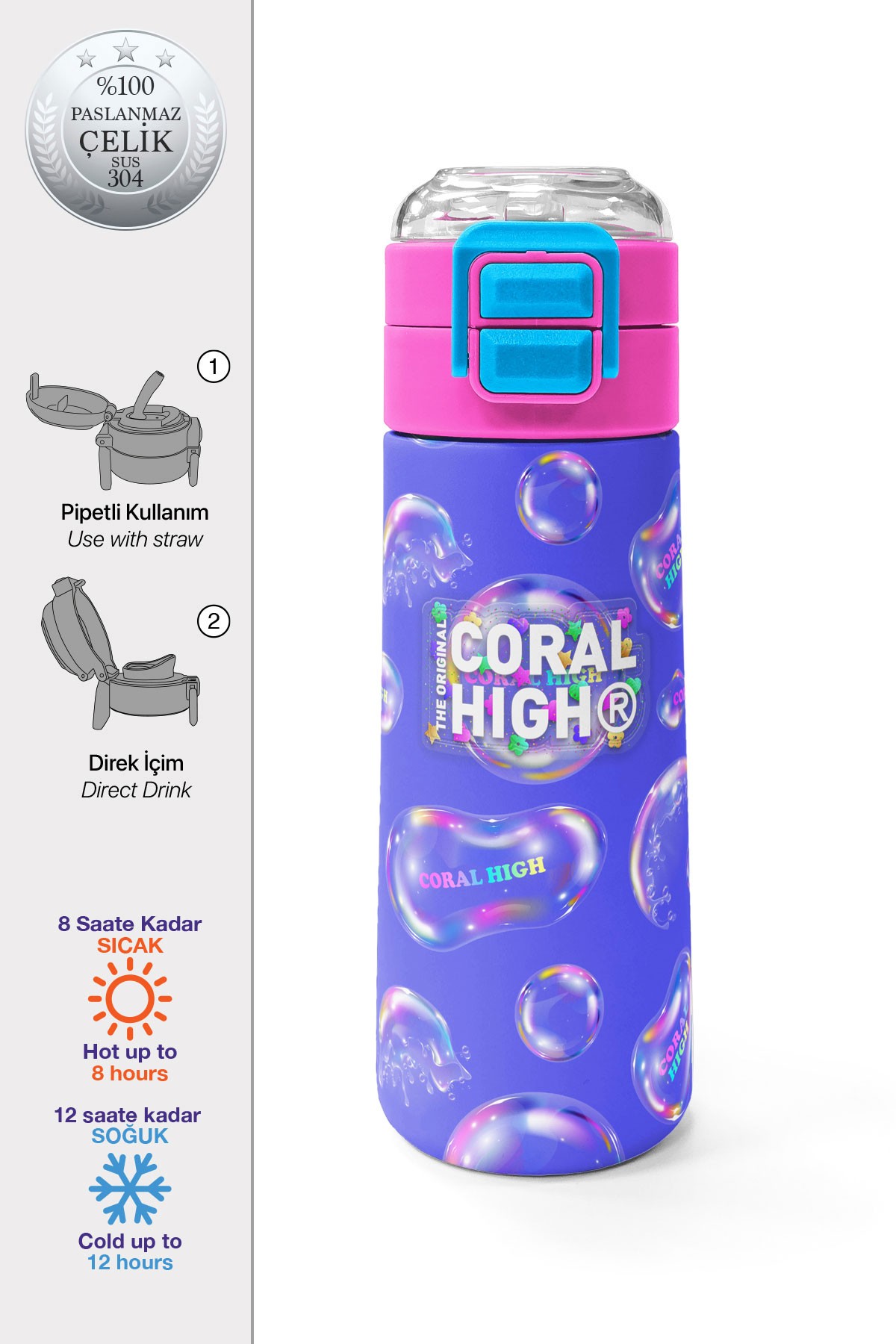 Coral High Kids Lavanta Pembe Baloncuk Desenli Pipetli ve Direkt İçim Çelik Termos 500 ml 31981