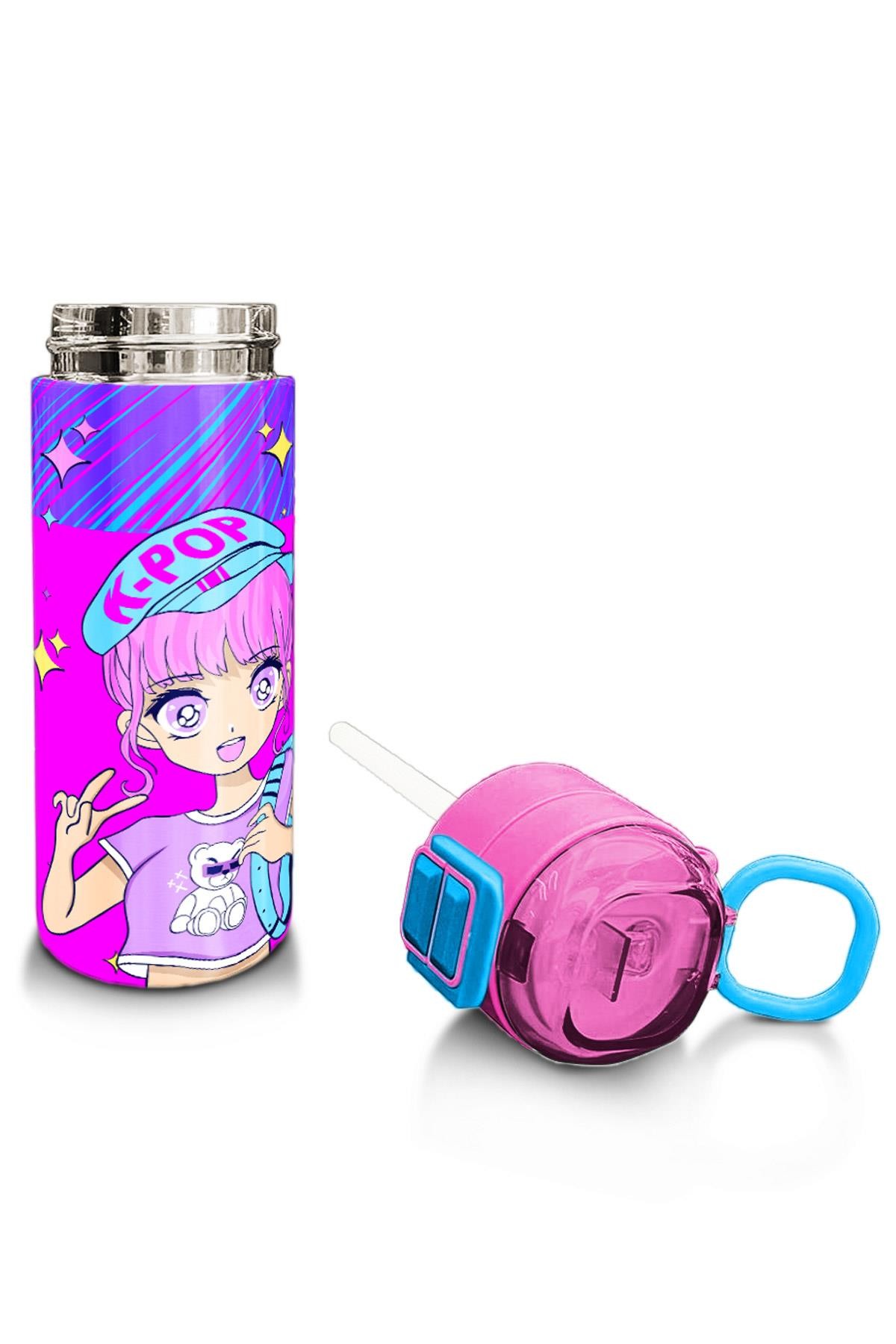 Coral High Kids Mor Pembe Mavi K-PopDesenli Pipetli ve Direkt İçim Çelik Termos 500 ml 31831