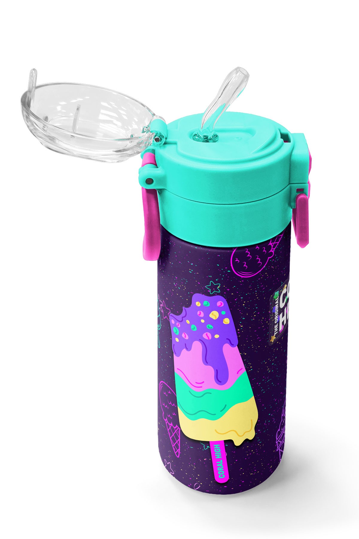 Coral High Kids Mor Pembe Dondurma Desenli Pipetli ve Direkt İçim Çelik Termos 500 ml 31980