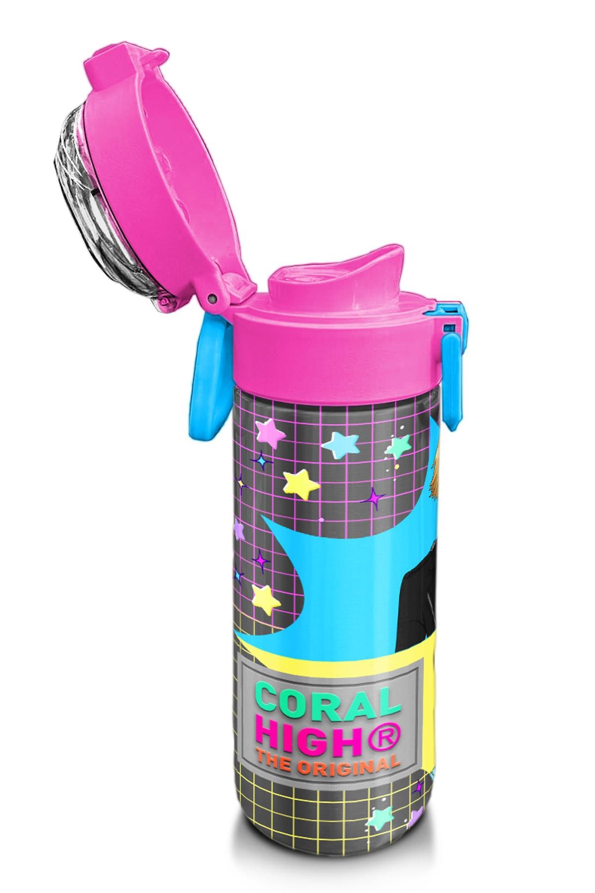 Coral High Kids Gri Mavi Pembe Anime Desenli Pipetli ve Direkt İçim Çelik Termos 500 ml 31943