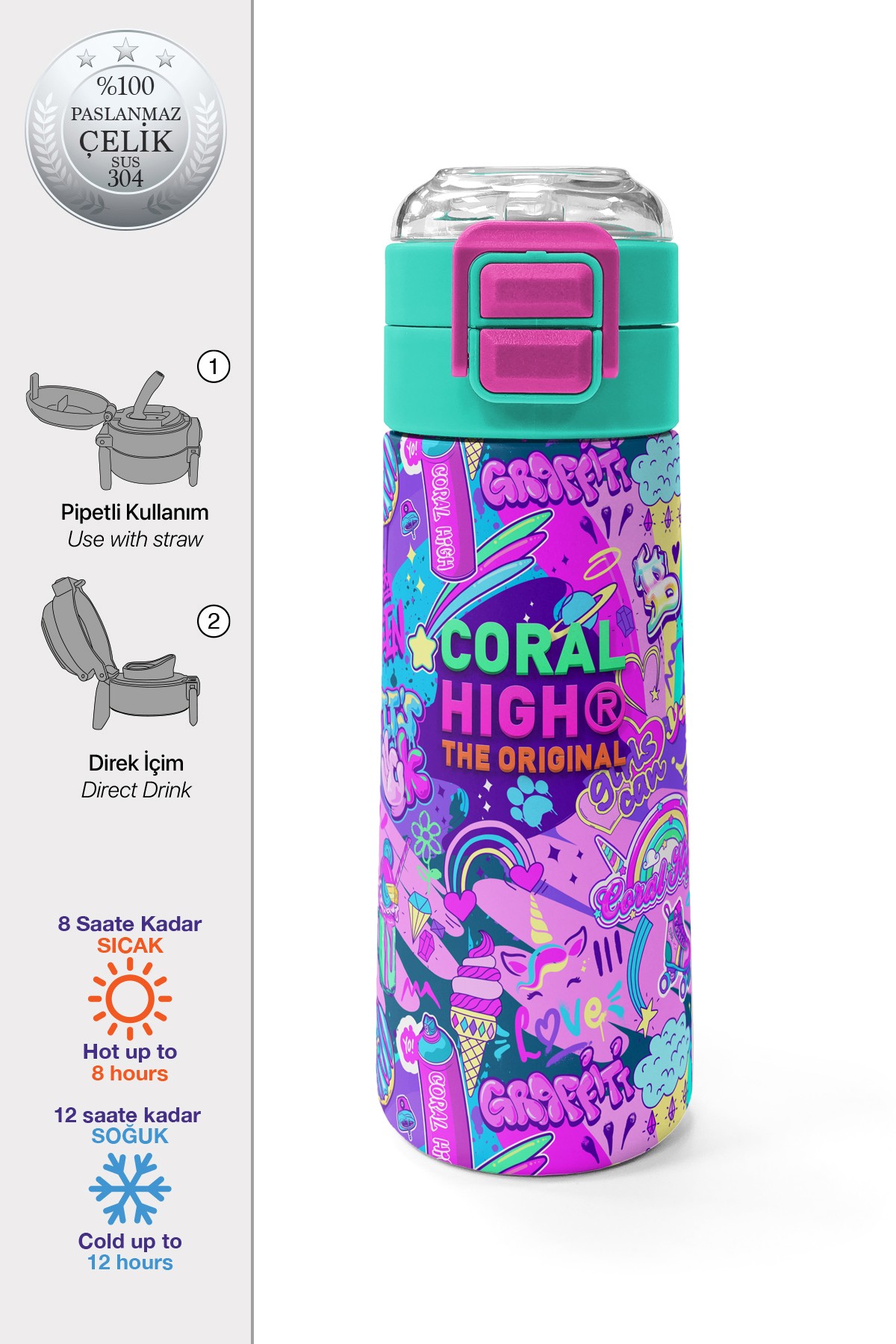 Coral High Kids Pembe Mor Voleybol Desenli Pipetli ve Direkt İçim Çelik Termos 500 ml 31962