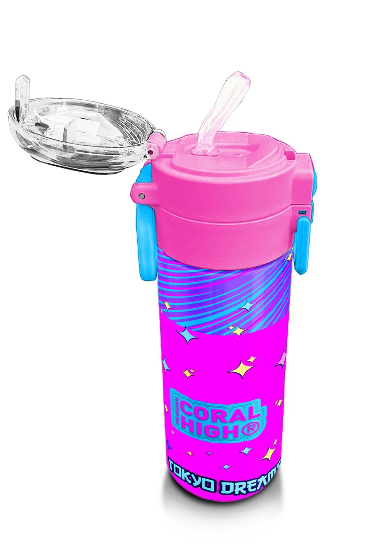 Coral High Kids Mor Pembe Mavi K-PopDesenli Pipetli ve Direkt İçim Çelik Termos 500 ml 31831