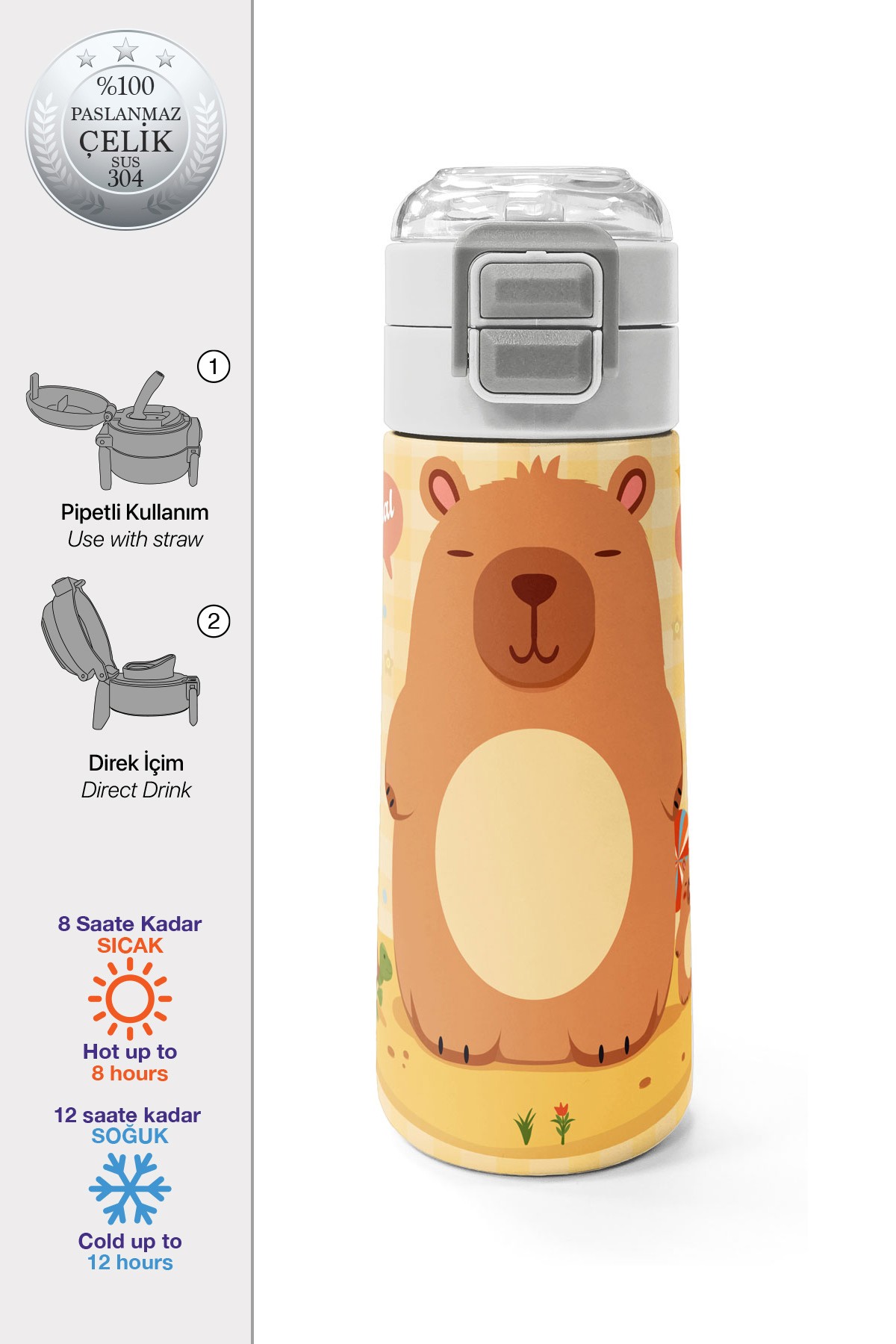 Coral High Kids Capybara Desenli Pipetli ve Direkt İçim Çelik Termos 500 ml 31793