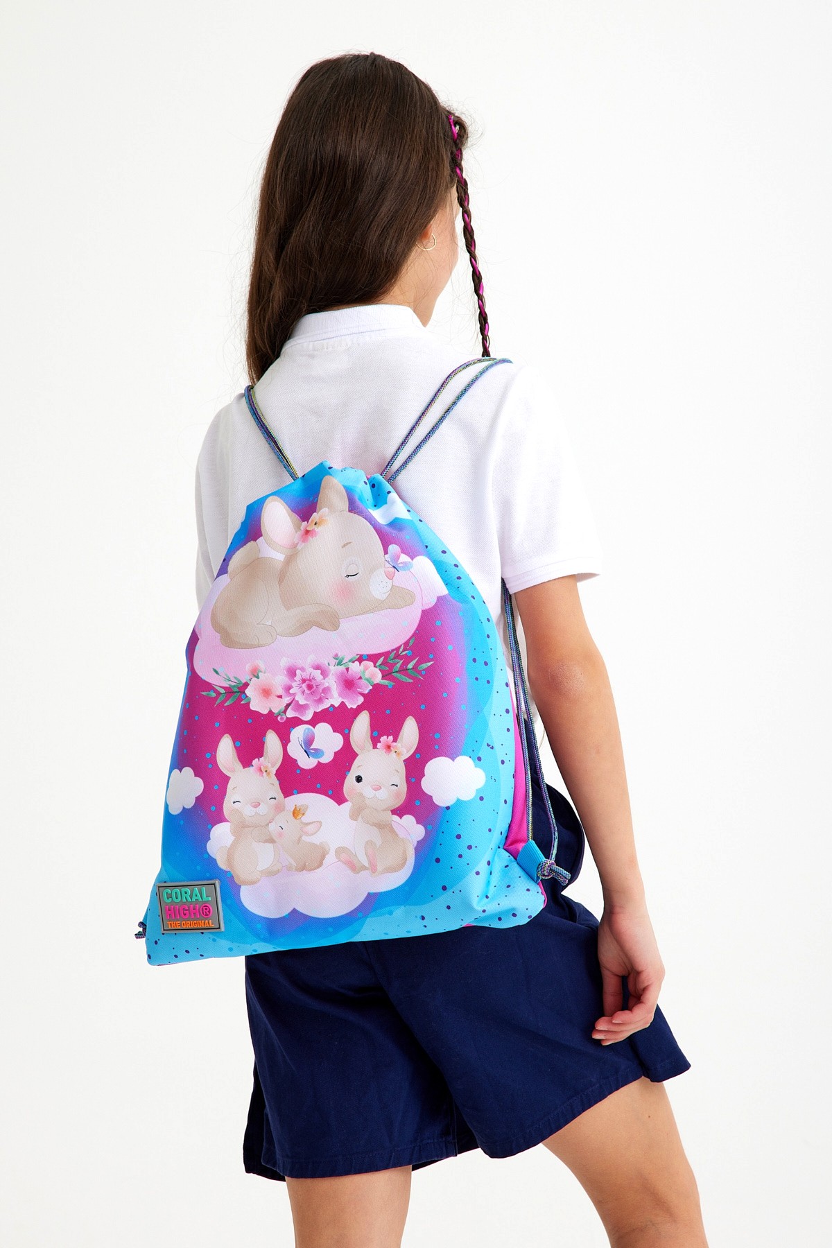 Coral High Kids Mavi Pembe Tavşan Desenli İpli Büzgülü Sırt Çantası 22436