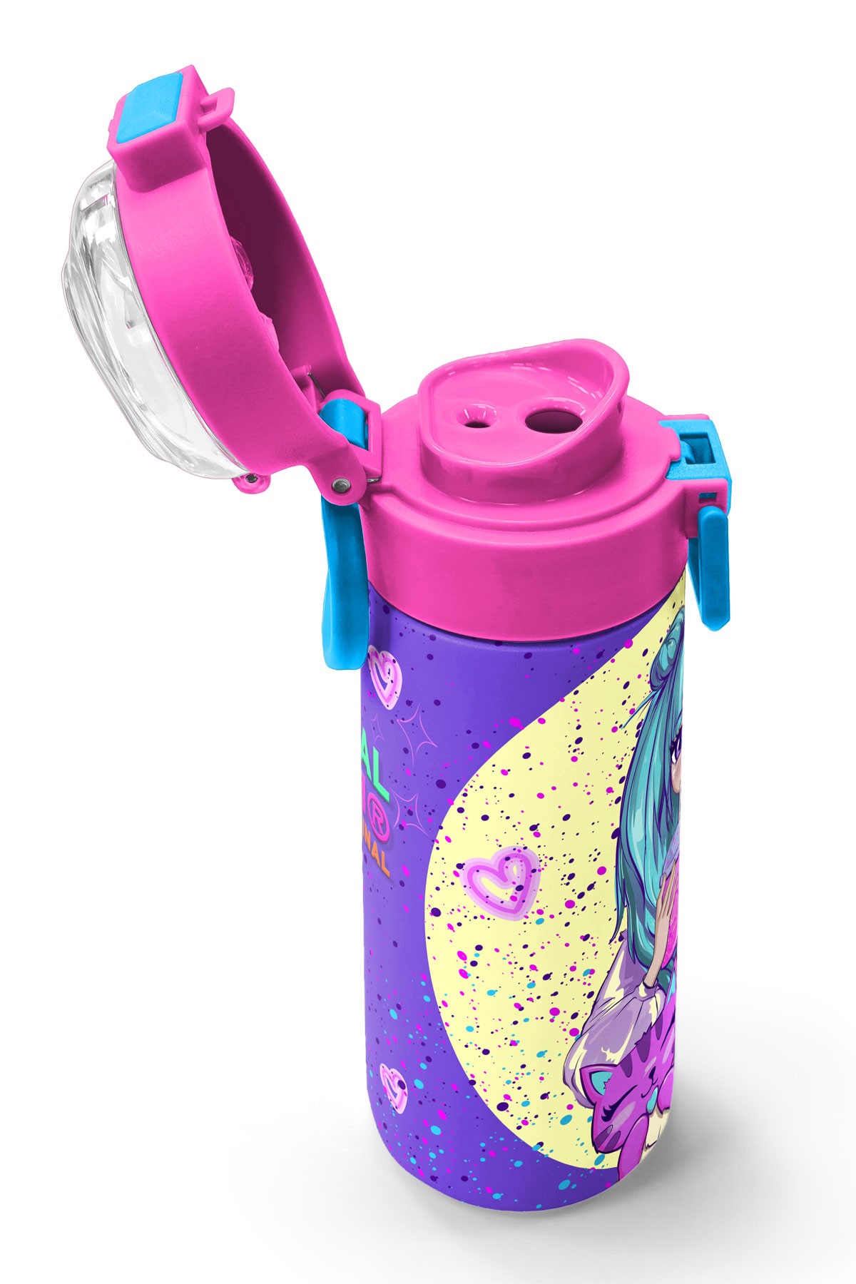 Coral High Kids Mor Pembe Anime Kız Desenli Pipetli ve Direkt İçim Çelik Termos 500 ml 31942