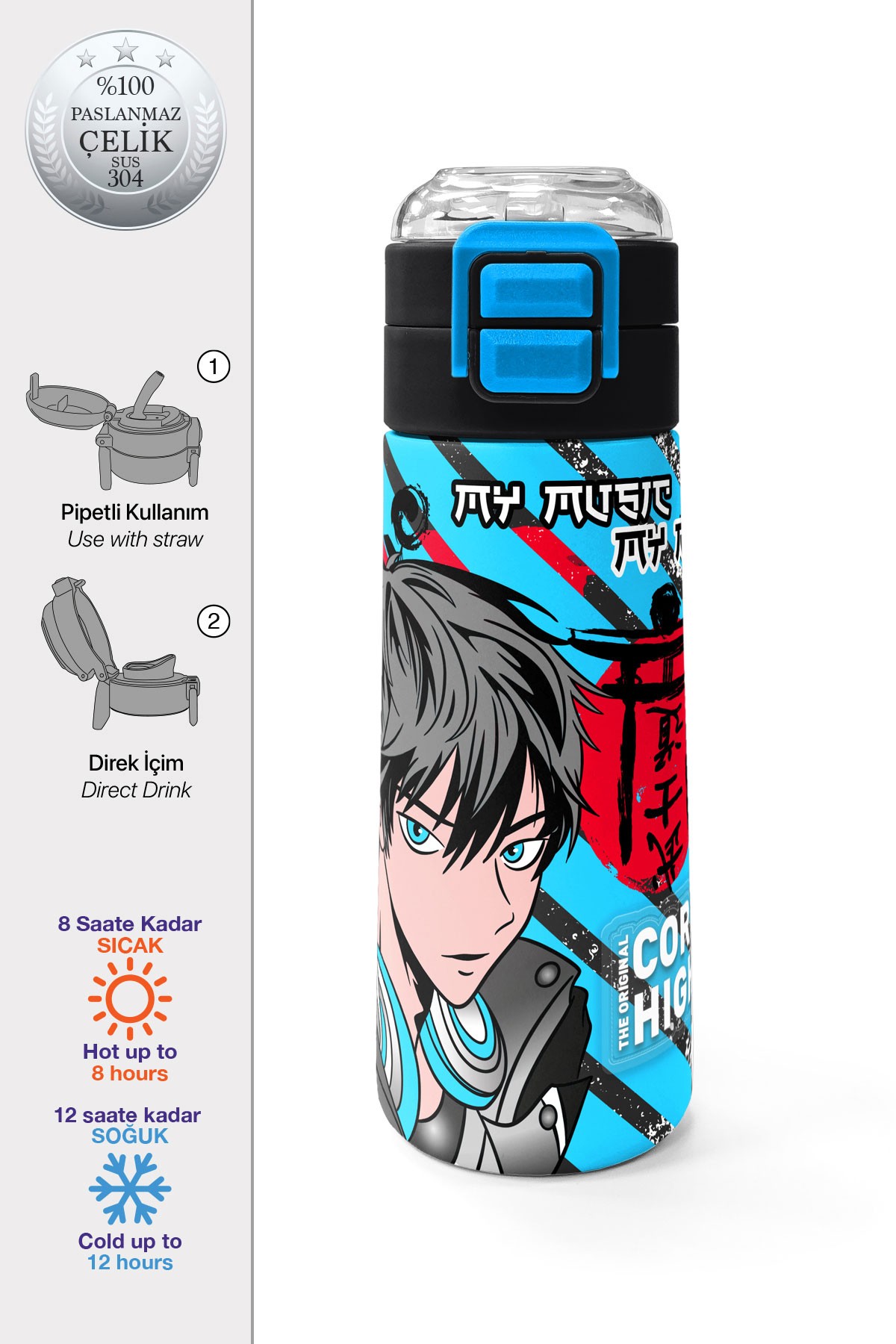 Coral High Kids Siyah Mavi Anime Desenli Pipetli ve Direkt İçim Çelik Termos 500 ml 31840