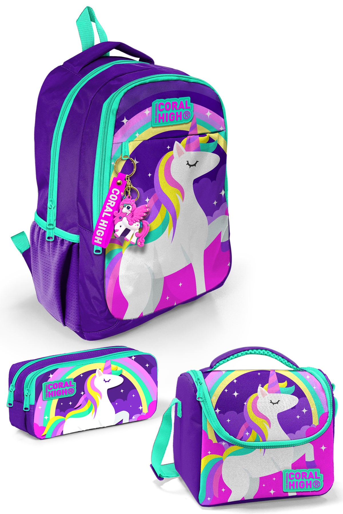 Coral High Kids Mor Su Yeşili Unicorn Desenli 3’lü Okul Çanta Seti SET0114376