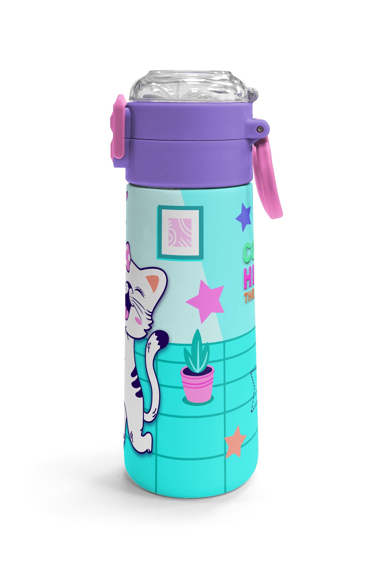 Coral High Kids Turkuaz Pembe Dondurmalı Desenli Pipetli ve Direkt İçim Çelik Termos 500 ml 31952