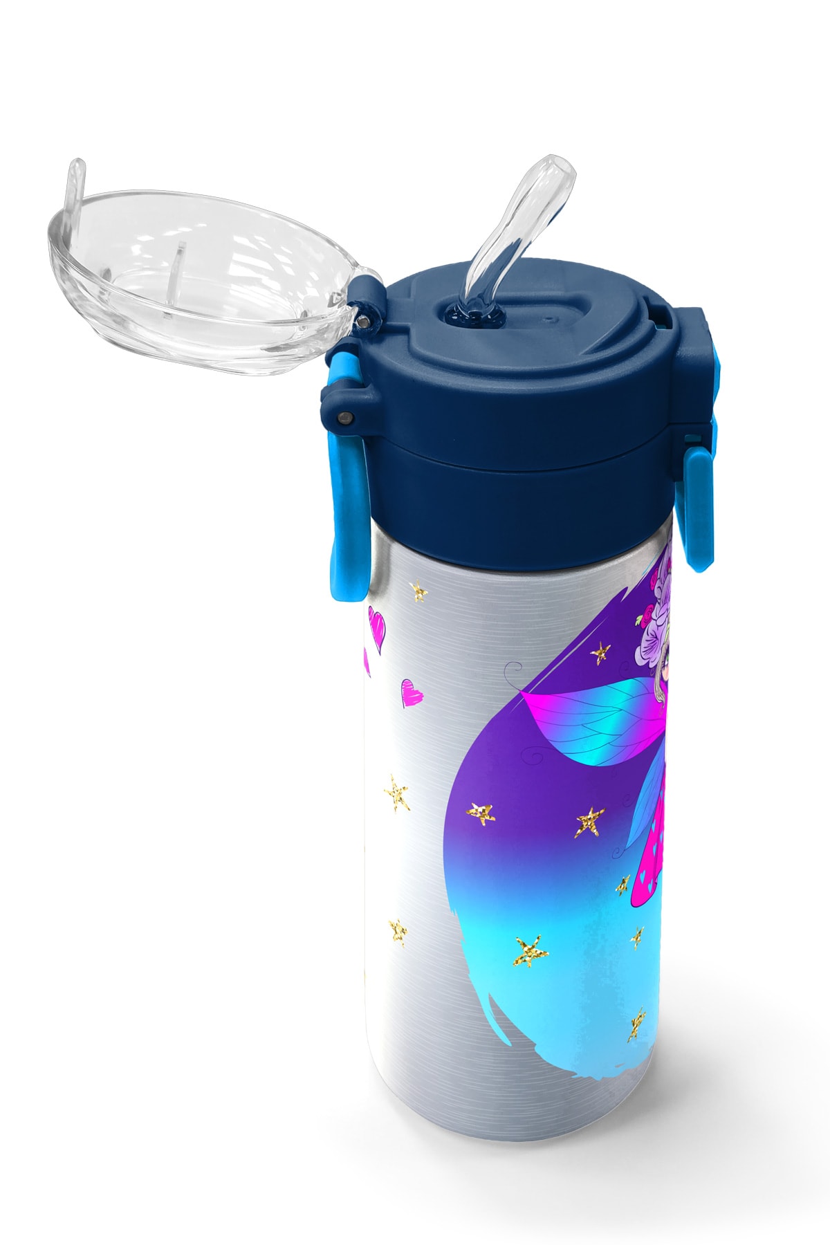 Coral High Kids Pembe Mavi Peri Desenli Pipetli ve Direkt İçim Çelik Termos 500 ml 31803