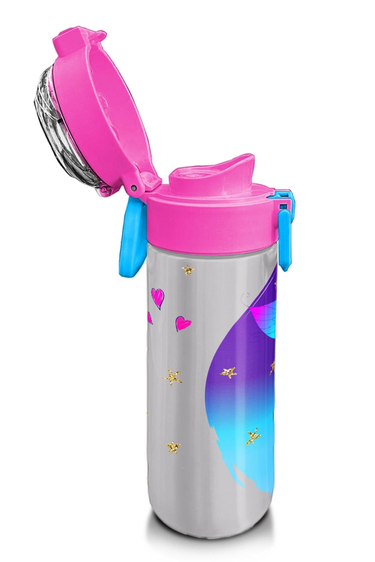 Coral High Kids Pembe Mavi Peri Desenli Pipetli ve Direkt İçim Çelik Termos 500 ml 31803