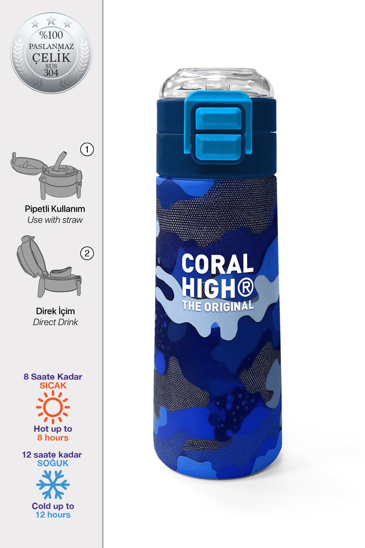 Coral High Kids Lacivert Saks Kamuflaj Desenli Pipetli ve Direkt İçim Çelik Termos 500 ml 31889
