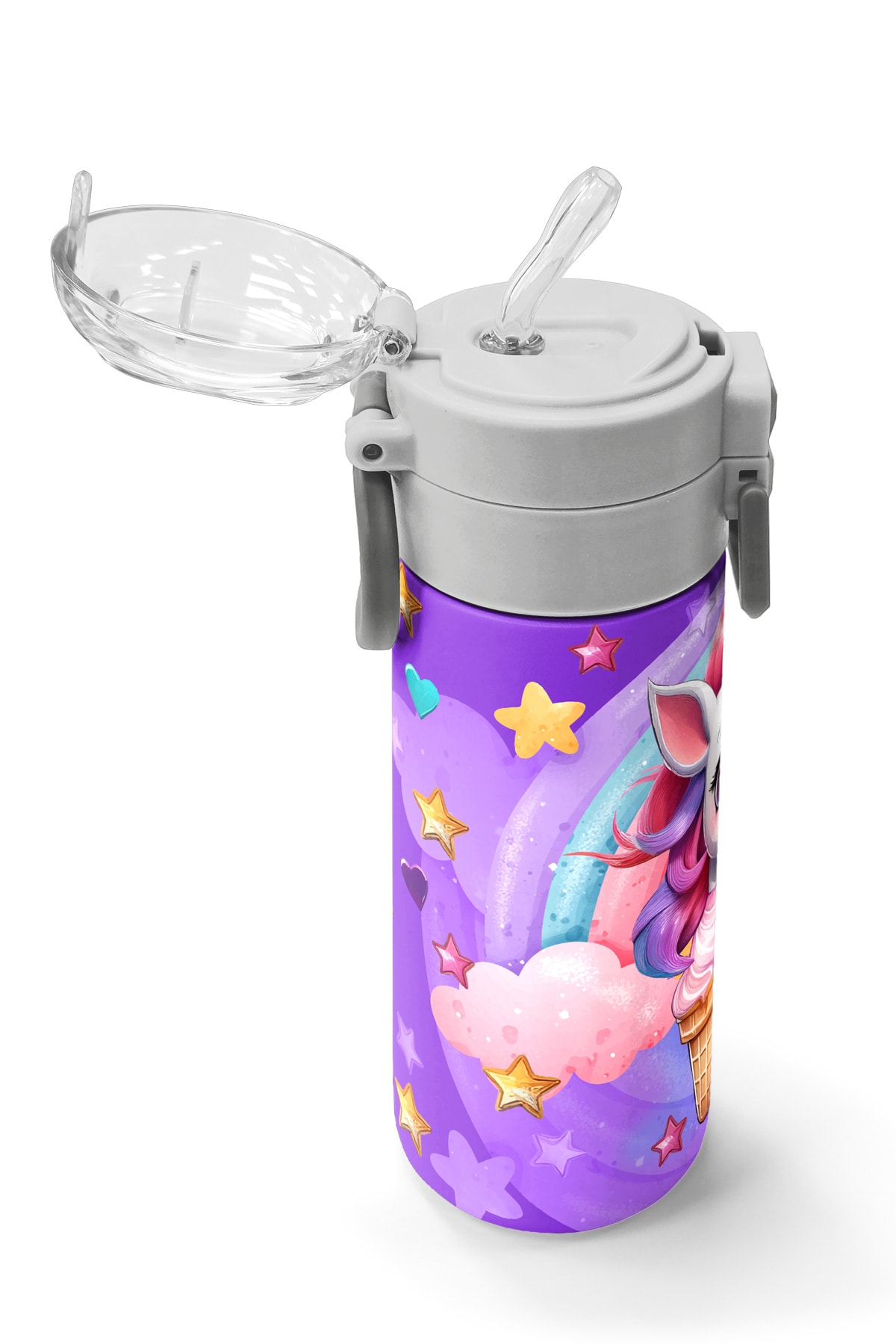 Coral High Kids Mor Pembe Unicorn Dondurma Desenli Pipetli ve Direkt İçim Çelik Termos 500 ml 31859