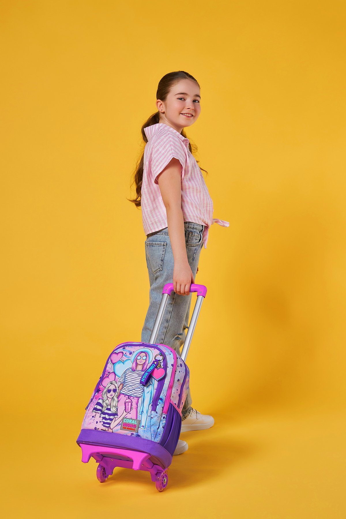 Coral High Kids Pembe Mor Fashion Girl Desenli Üç Bölmeli Çekçekli Okul Sırt Çantası 23955