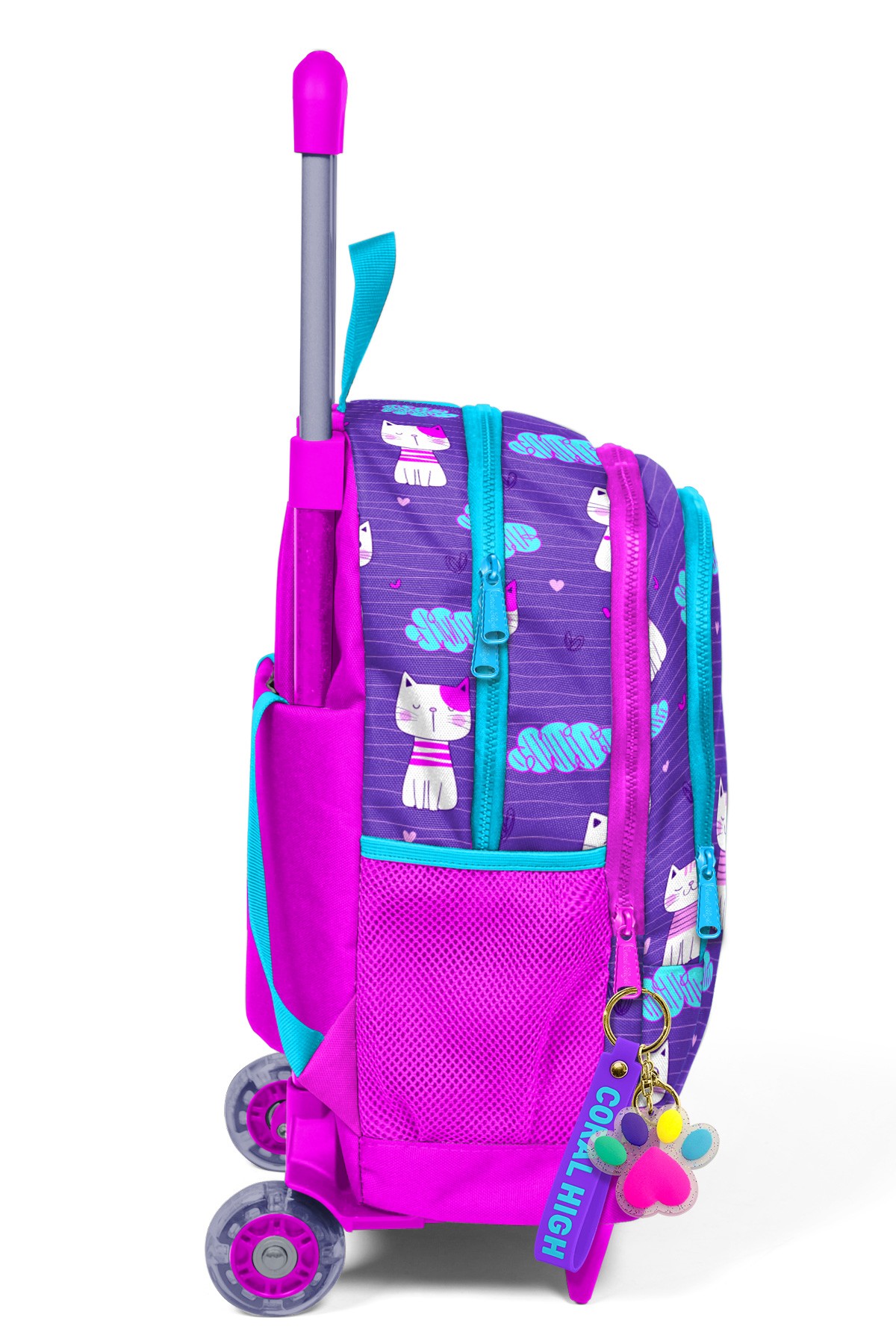 Coral High Kids Mor Pembe Kedi Desenli Üç Bölmeli Çekçekli Okul Sırt Çantası 23360