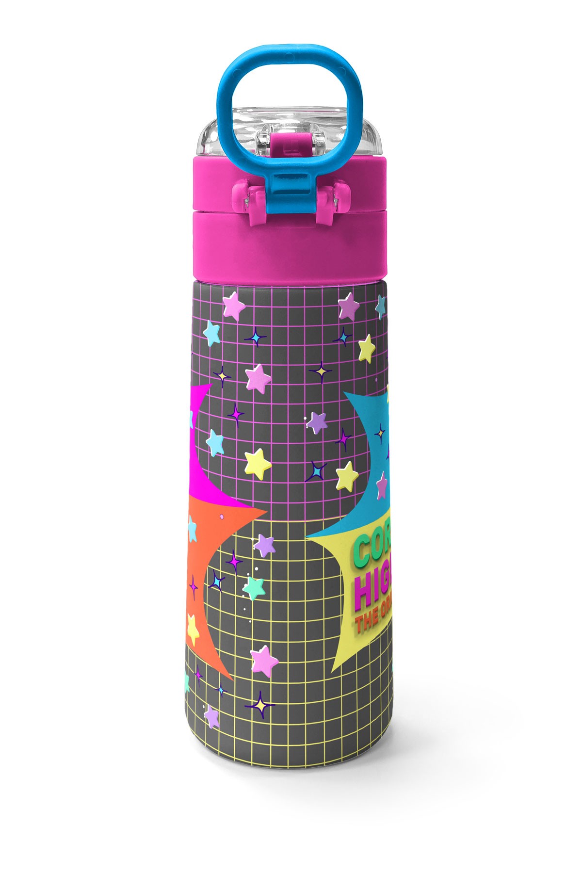 Coral High Kids Gri Mavi Pembe Anime Desenli Pipetli ve Direkt İçim Çelik Termos 500 ml 31943
