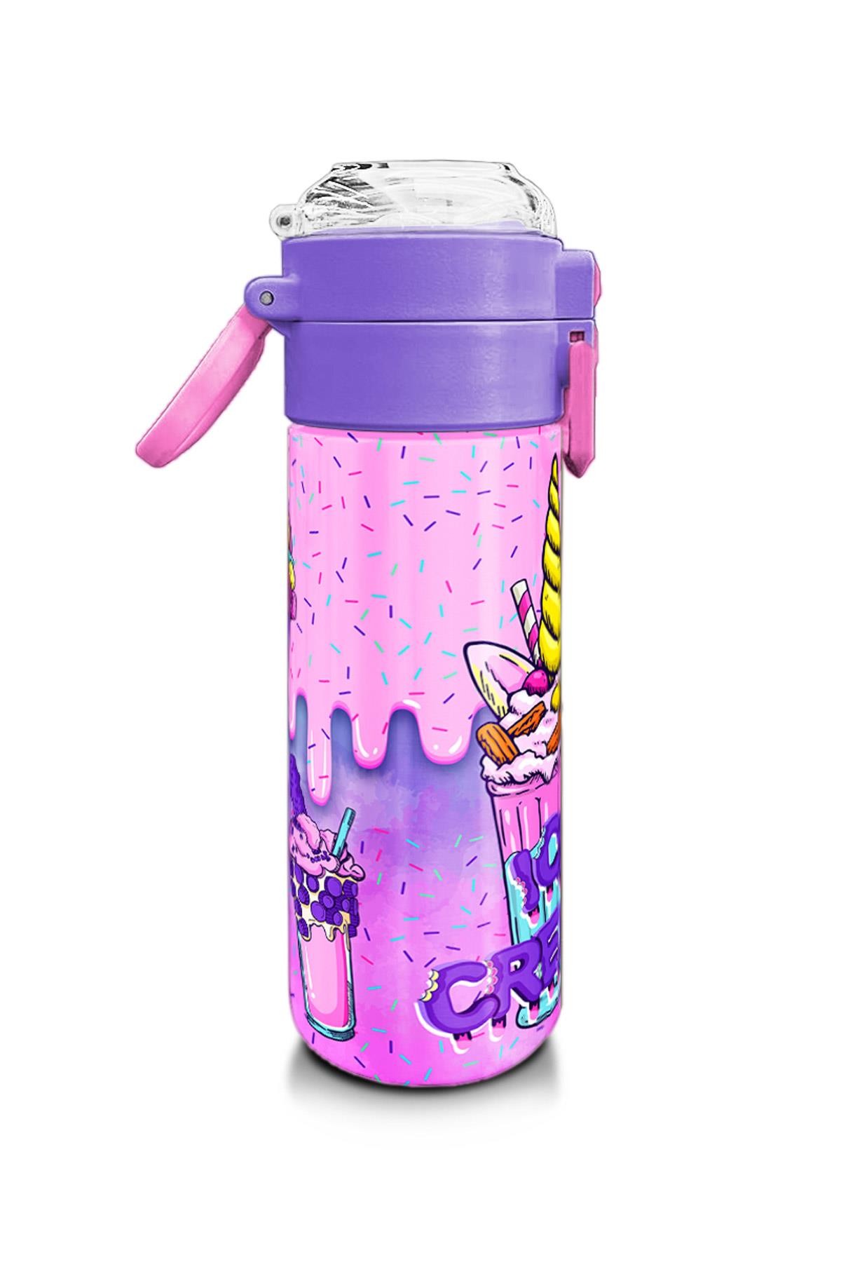 Coral High Kids Pembe Mor Milkshake Dondurma Desenli Pipetli ve Direkt İçim Çelik Termos 500 ml 31950