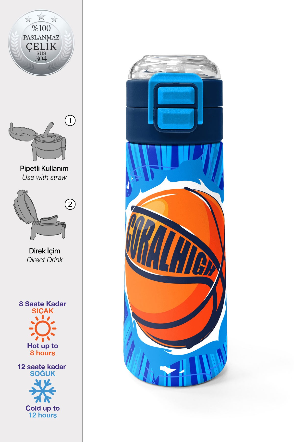 Coral High Kids Lacivert Mavi Basketbol Desenli Pipetli ve Direkt İçim Çelik Termos 500 ml 31833