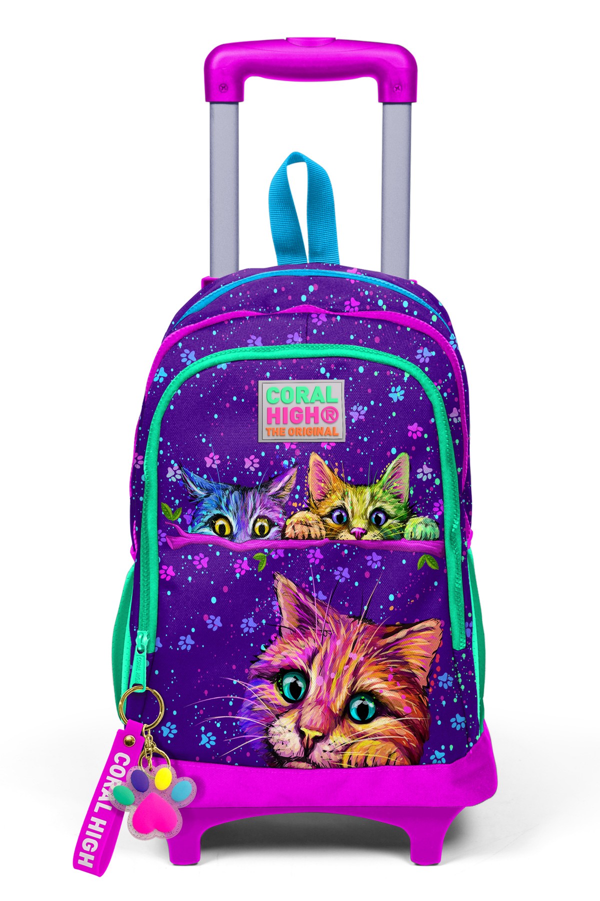 Coral High Kids Mor Pembe Kedi Desenli Üç Bölmeli Çekçekli Okul Sırt Çantası 23932